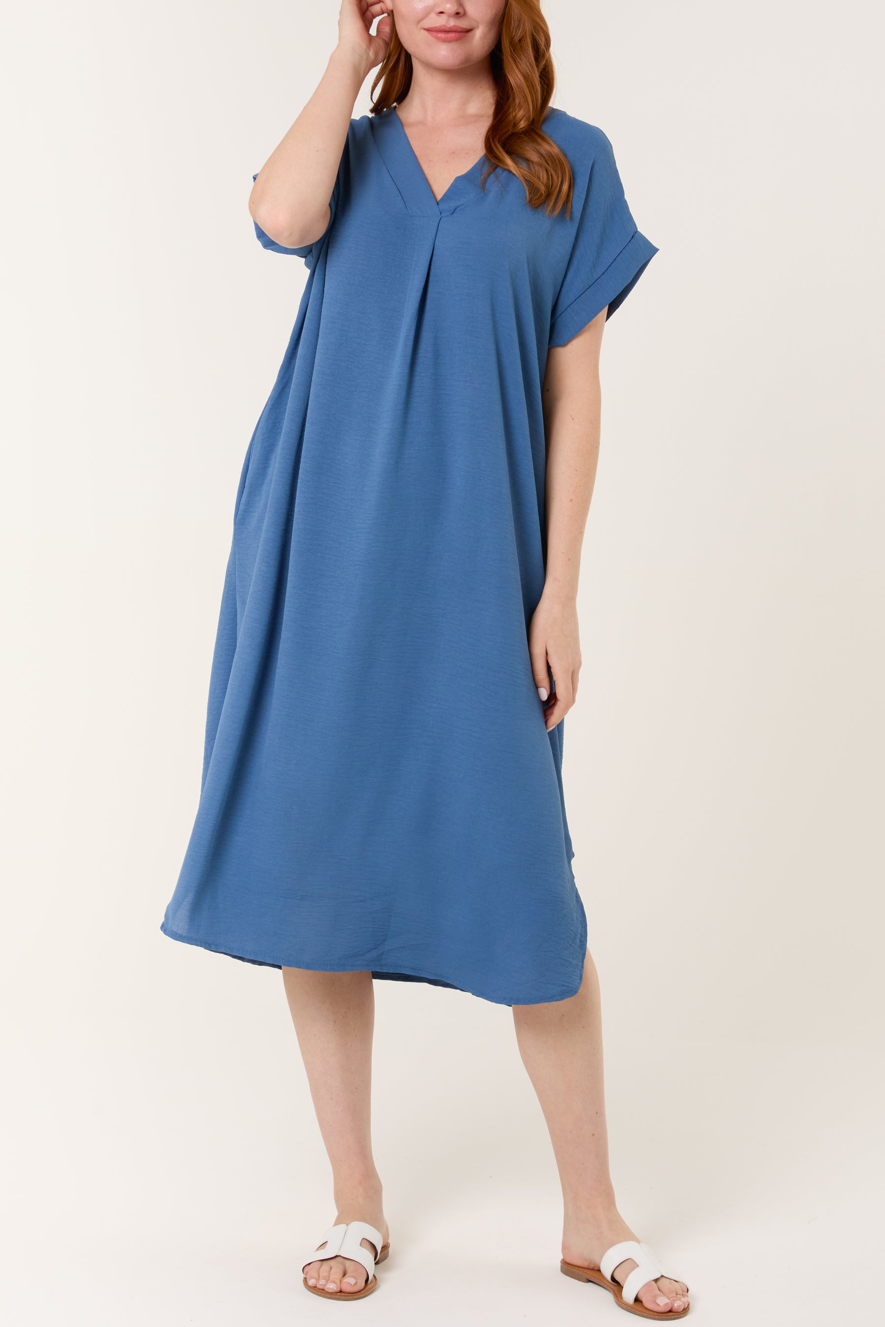 V-Neck Short Sleeve Midi Dress