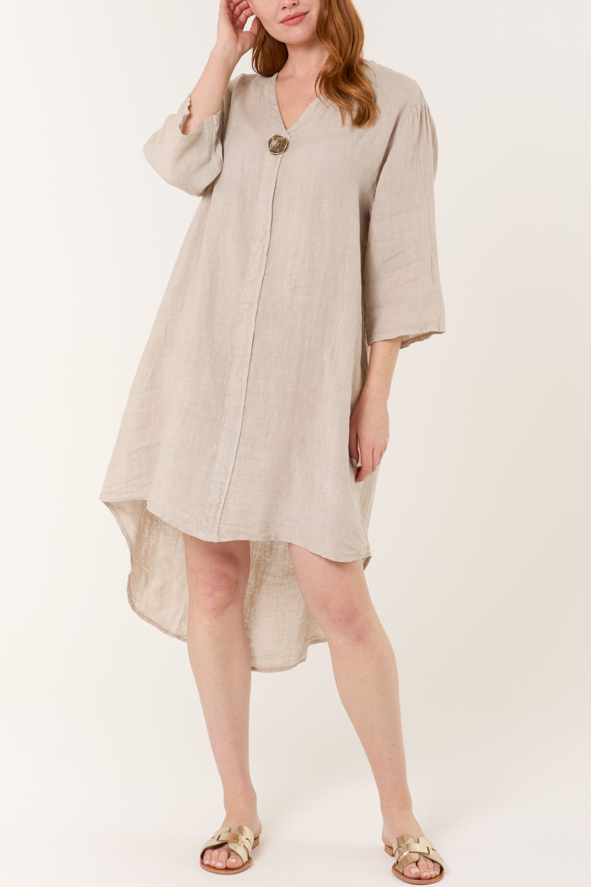 Pure Linen Gold Button Midi Dress