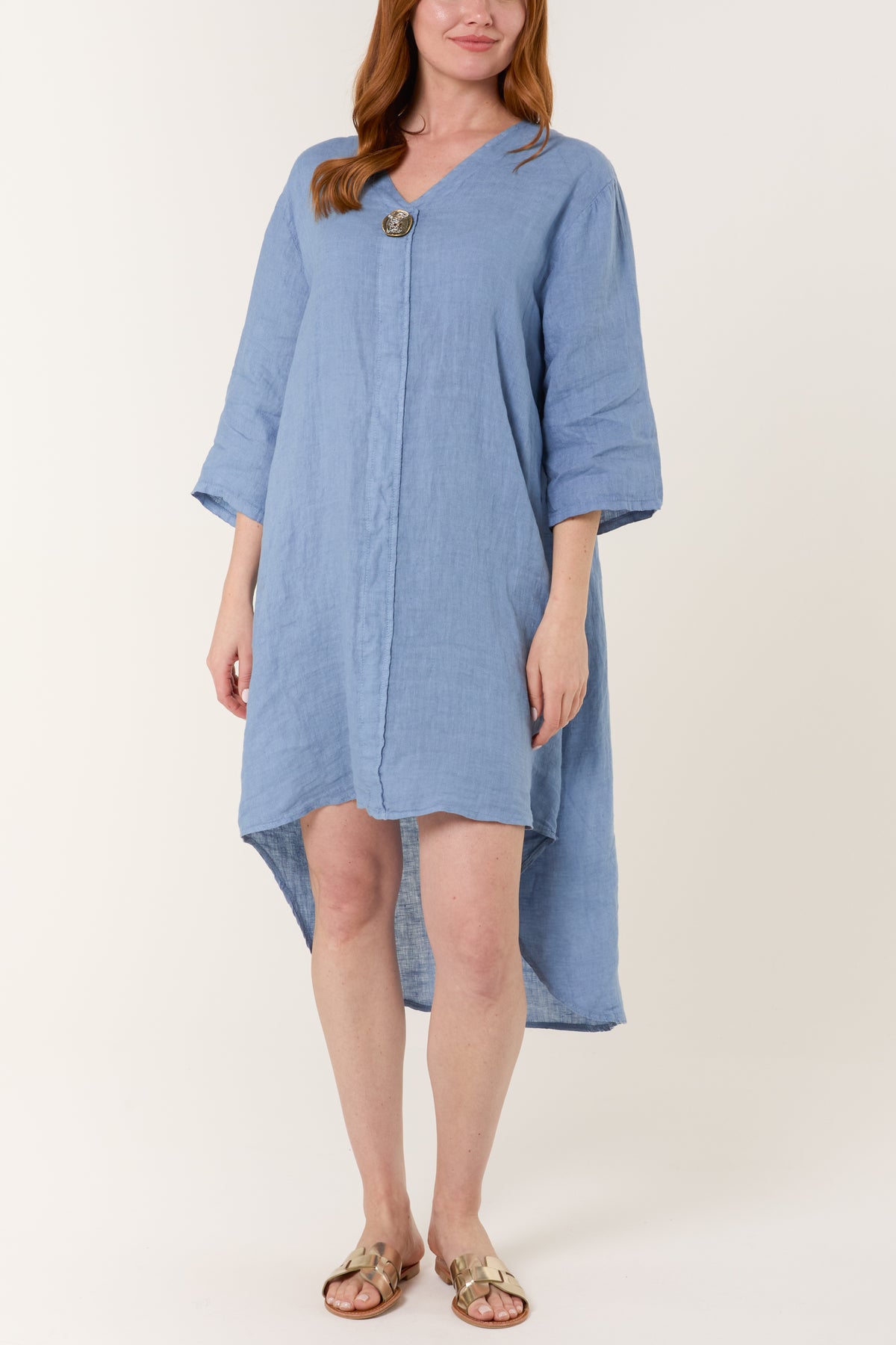 Pure Linen Gold Button Midi Dress