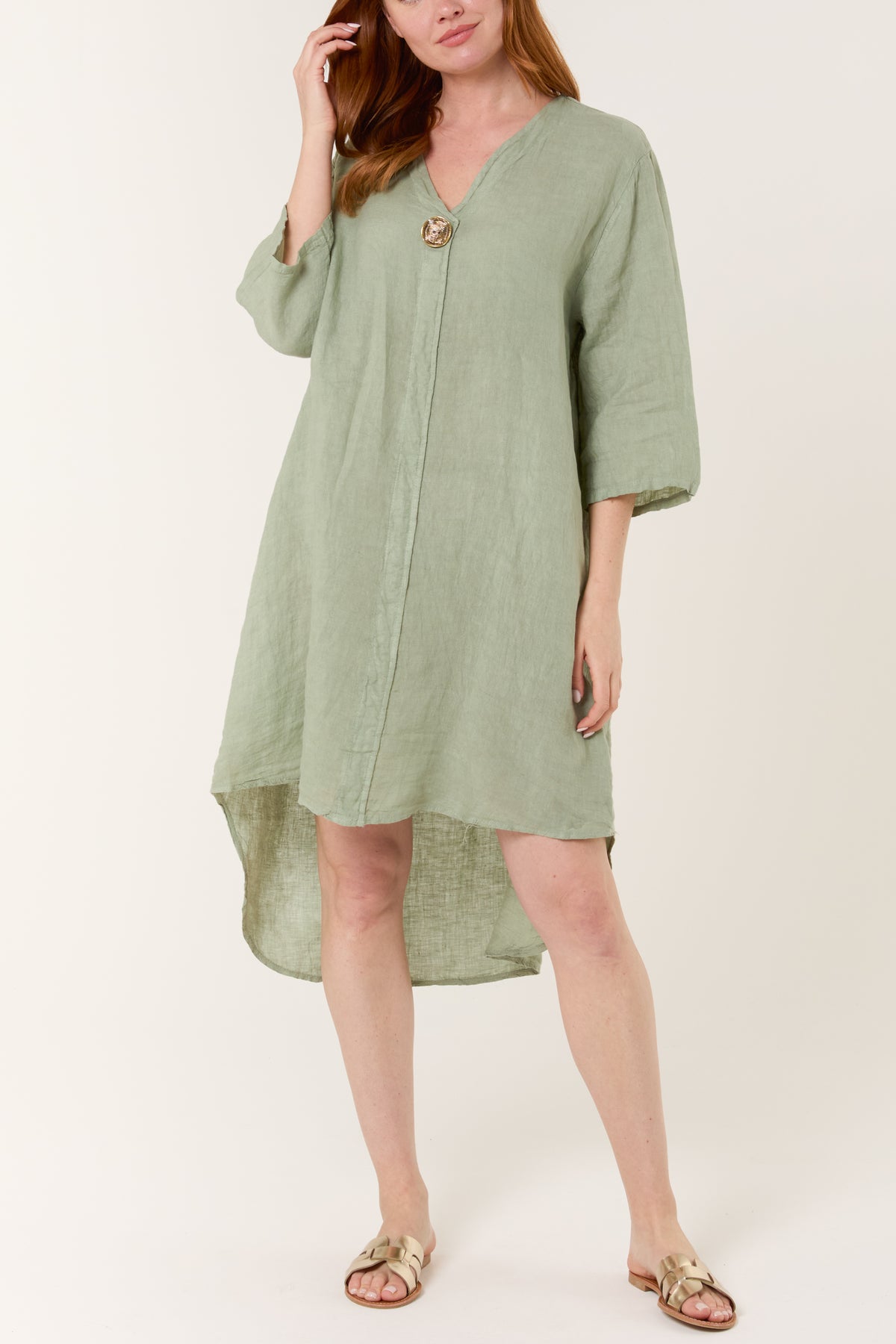 Pure Linen Gold Button Midi Dress