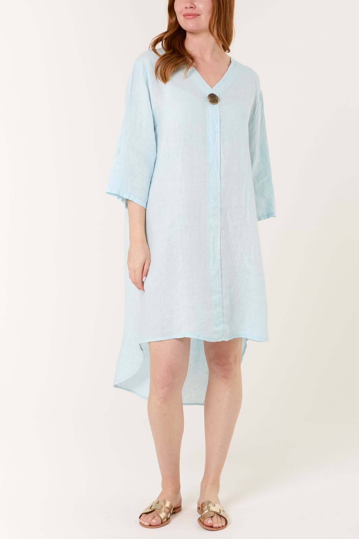 Pure Linen Gold Button Midi Dress