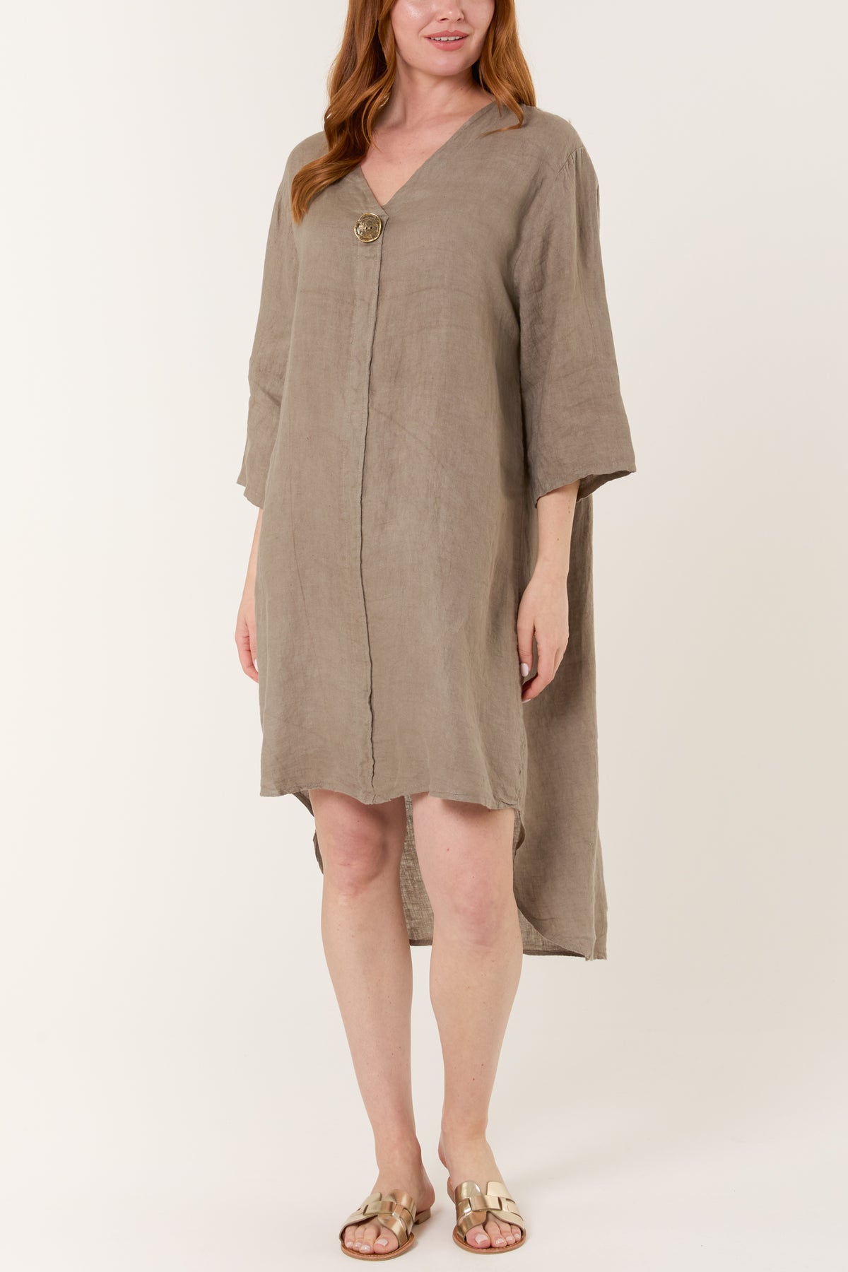 Pure Linen Gold Button Midi Dress