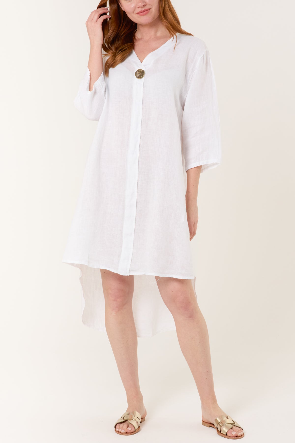 Pure Linen Gold Button Midi Dress