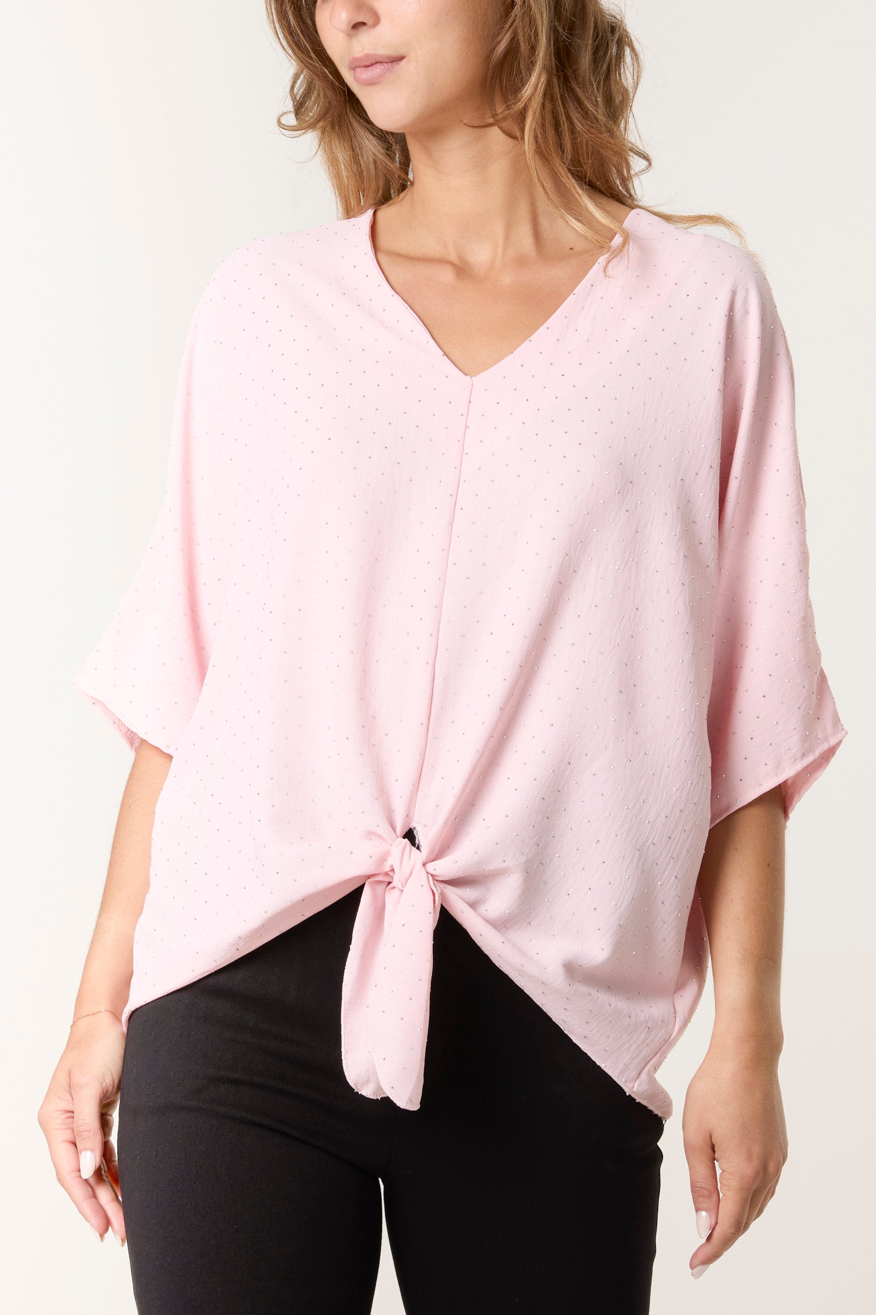 Diamante V-Neck Front Knot Top