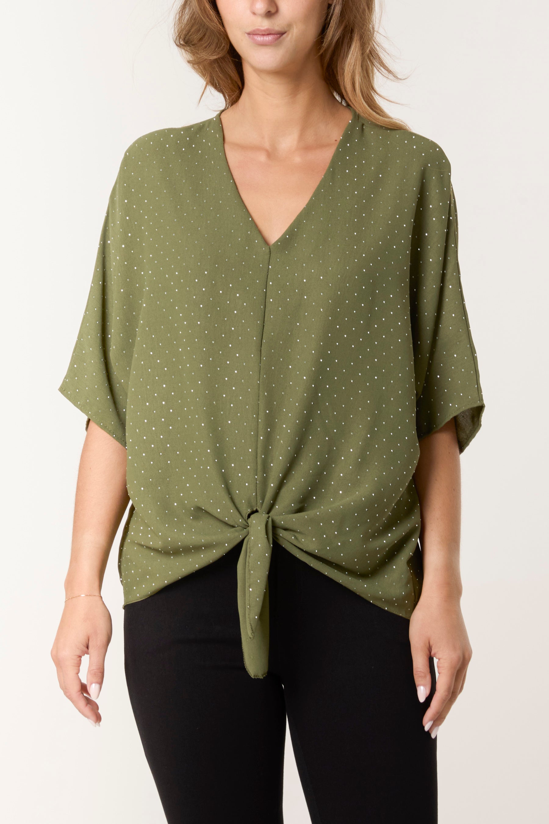 Diamante V-Neck Front Knot Top