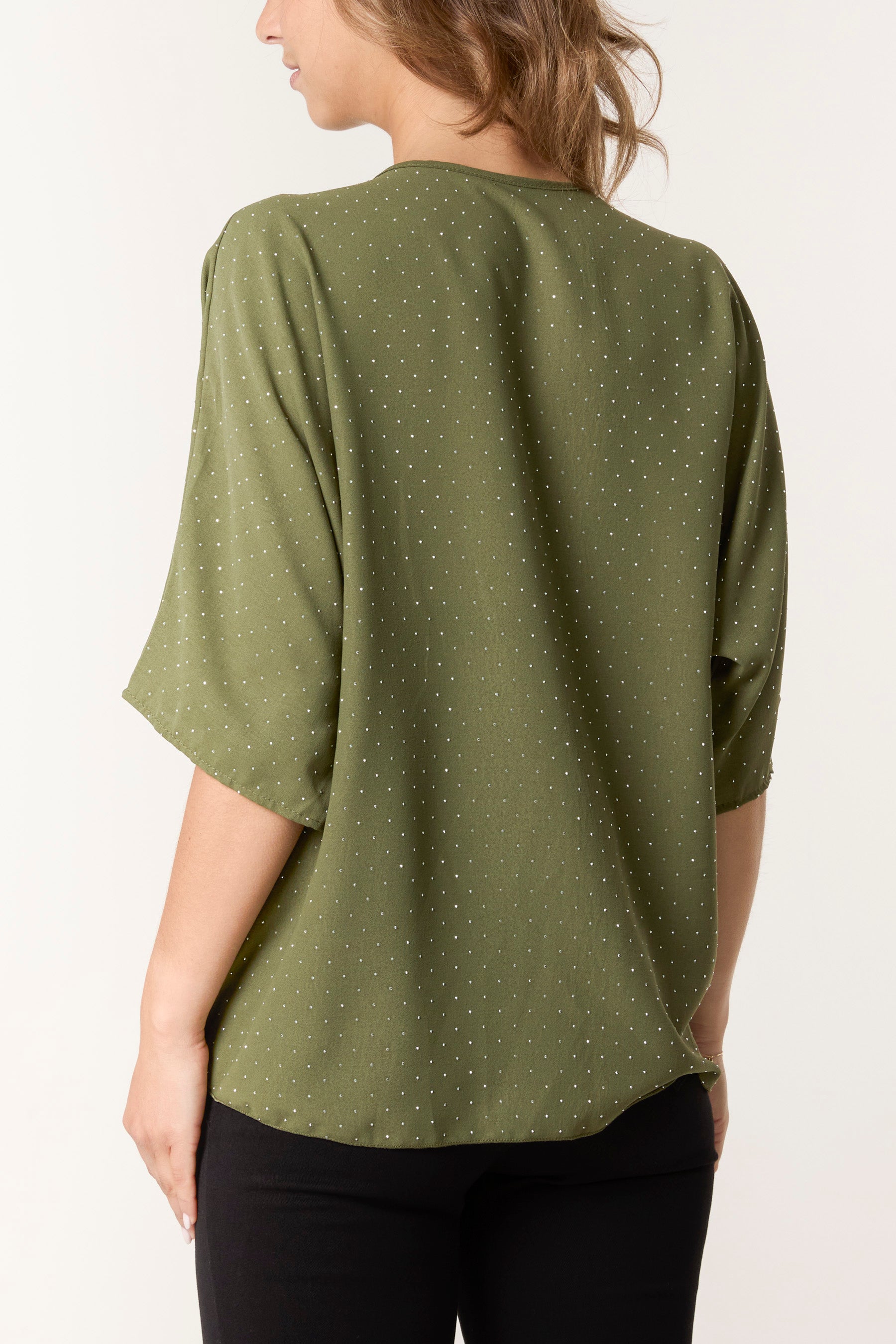 Diamante V-Neck Front Knot Top