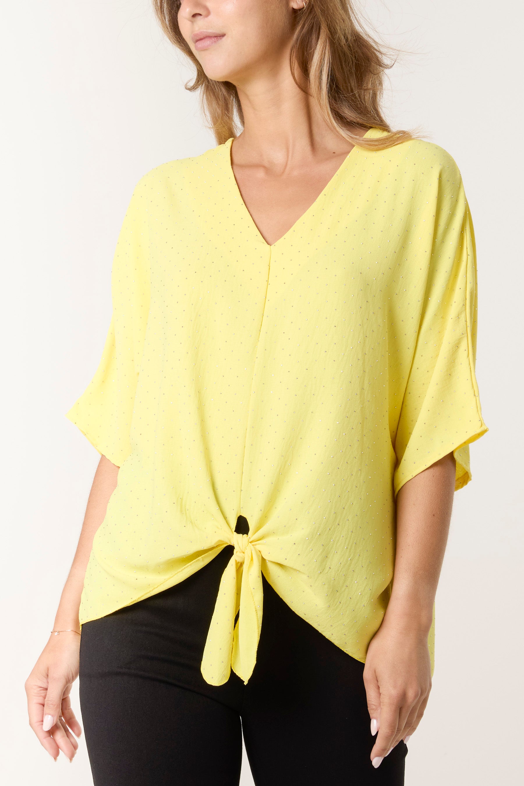 Diamante V-Neck Front Knot Top