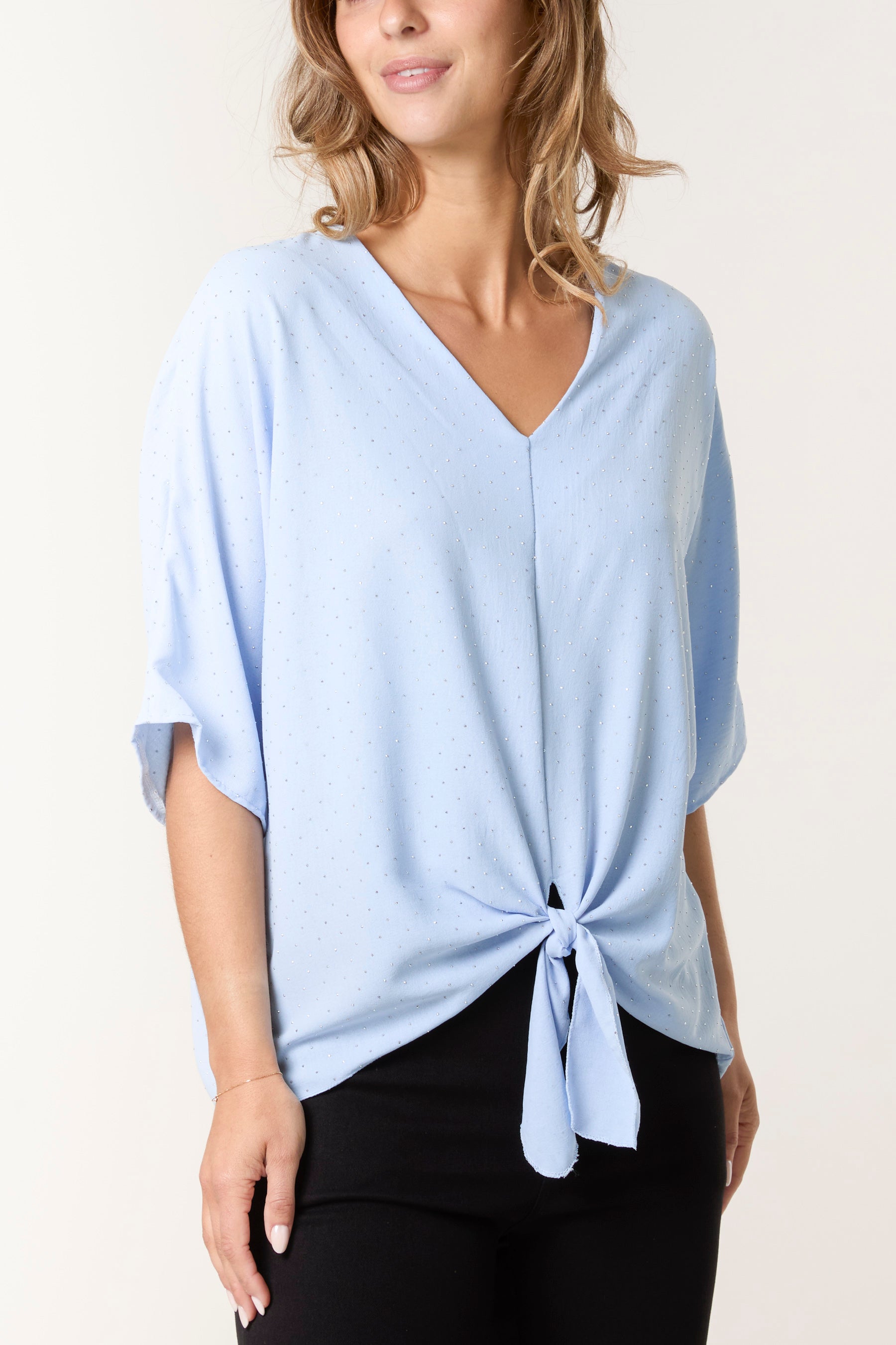 Diamante V-Neck Front Knot Top