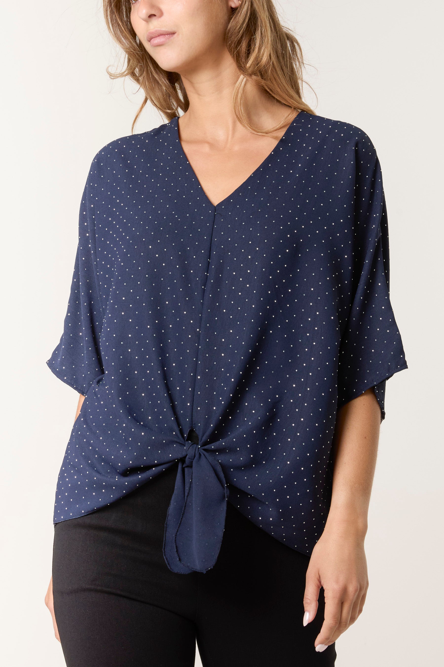 Diamante V-Neck Front Knot Top