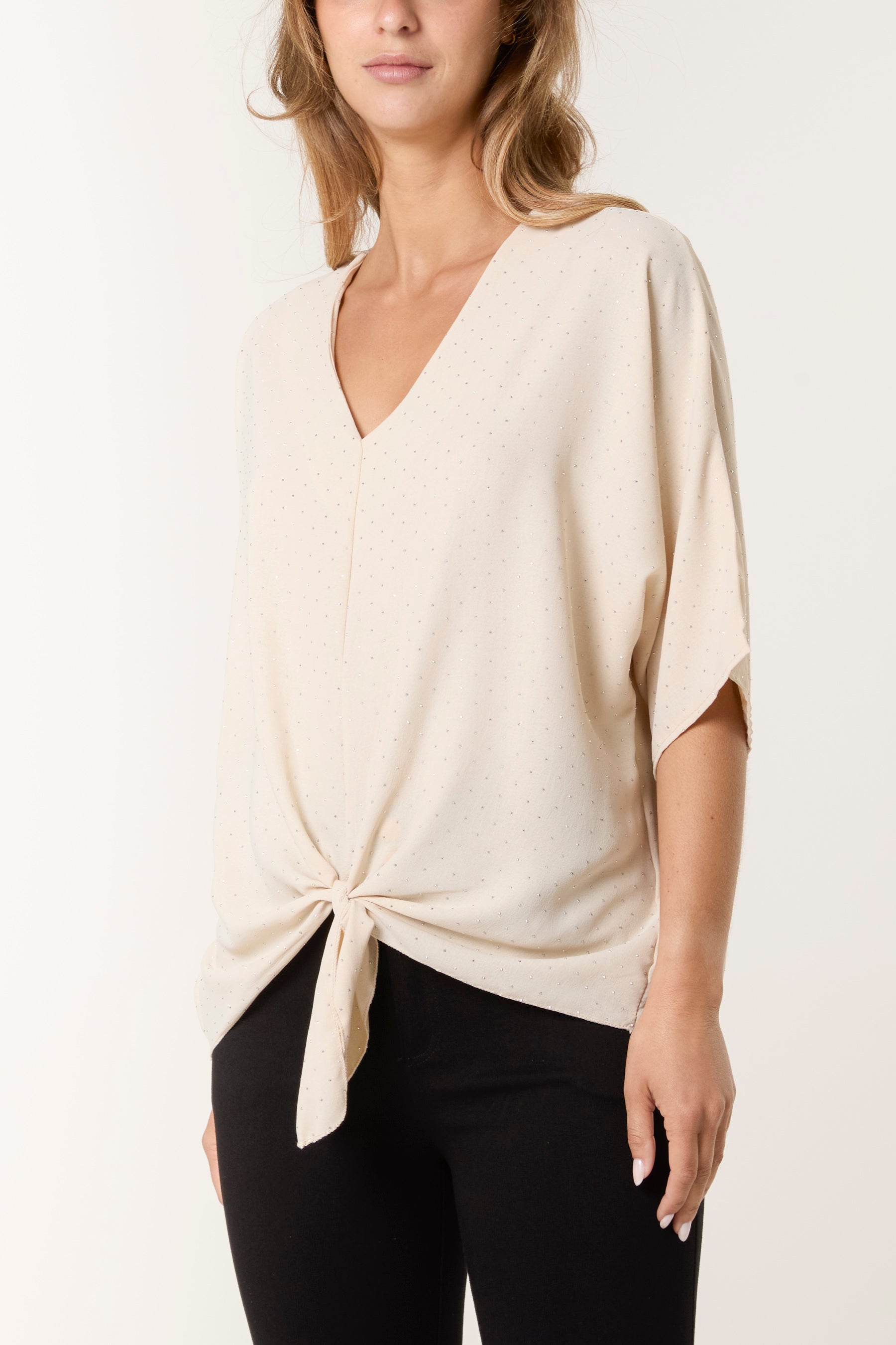 Diamante V-Neck Front Knot Top