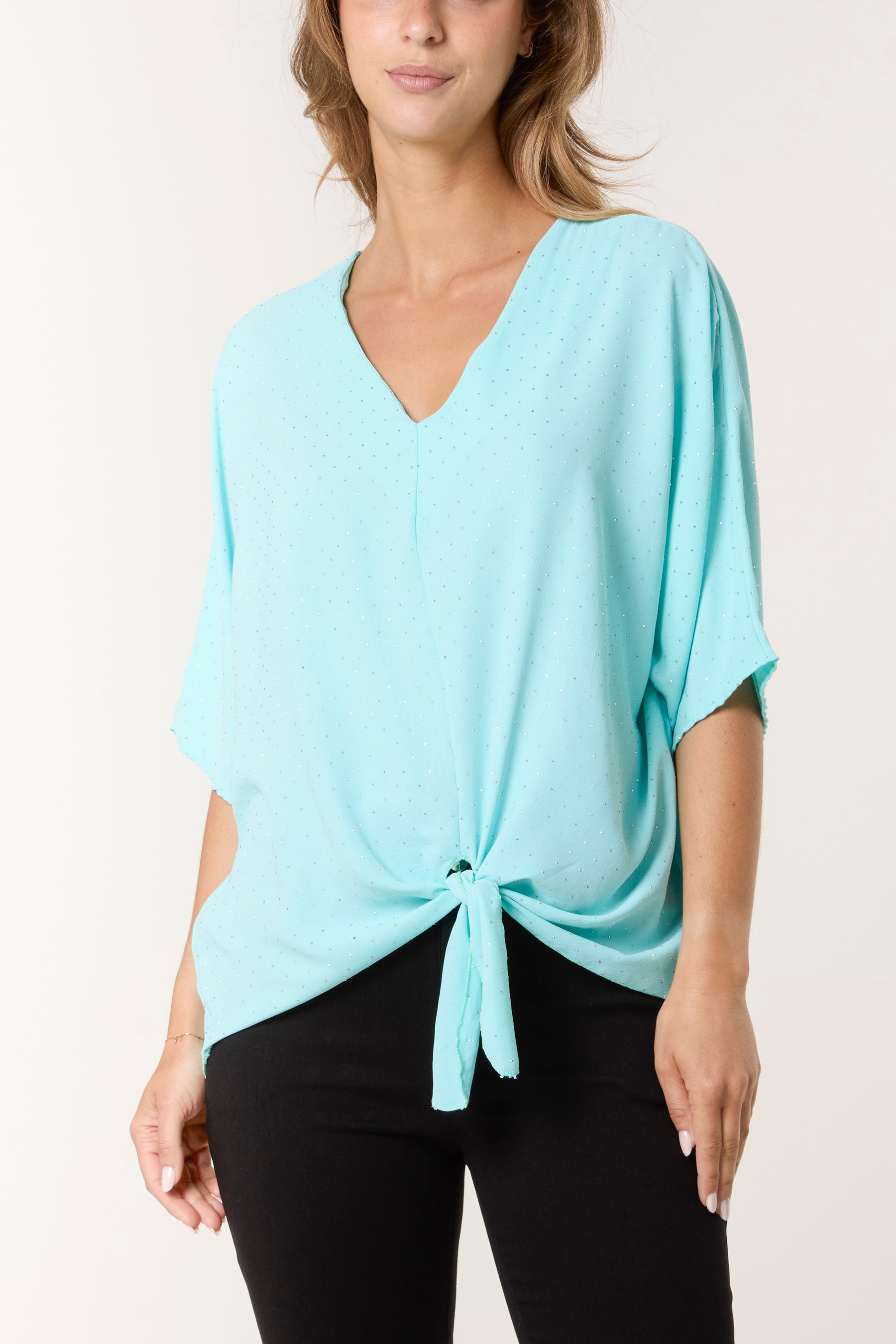 Diamante V-Neck Front Knot Top