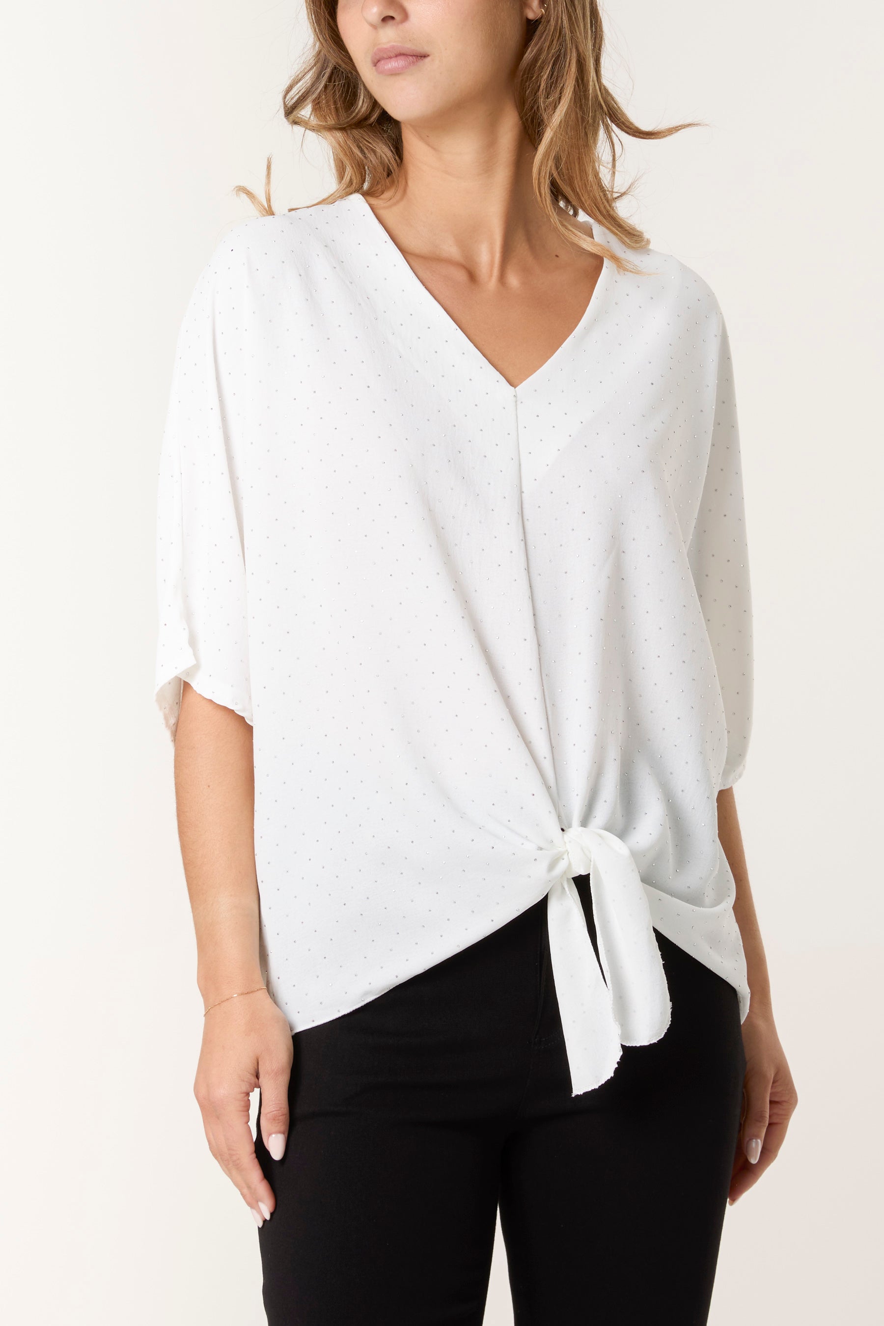 Diamante V-Neck Front Knot Top