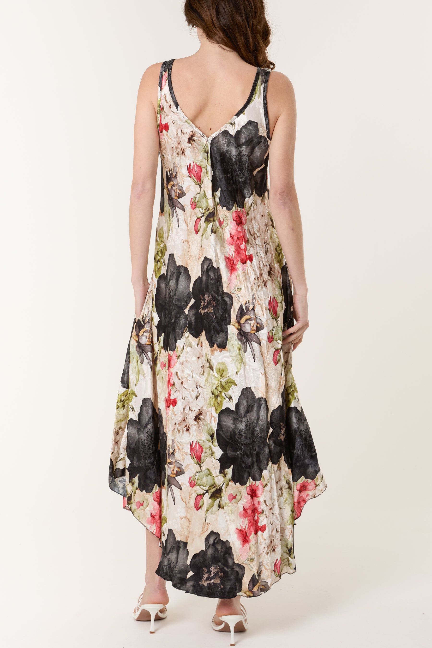 Floral Satin Double V-Neck Maxi Dress