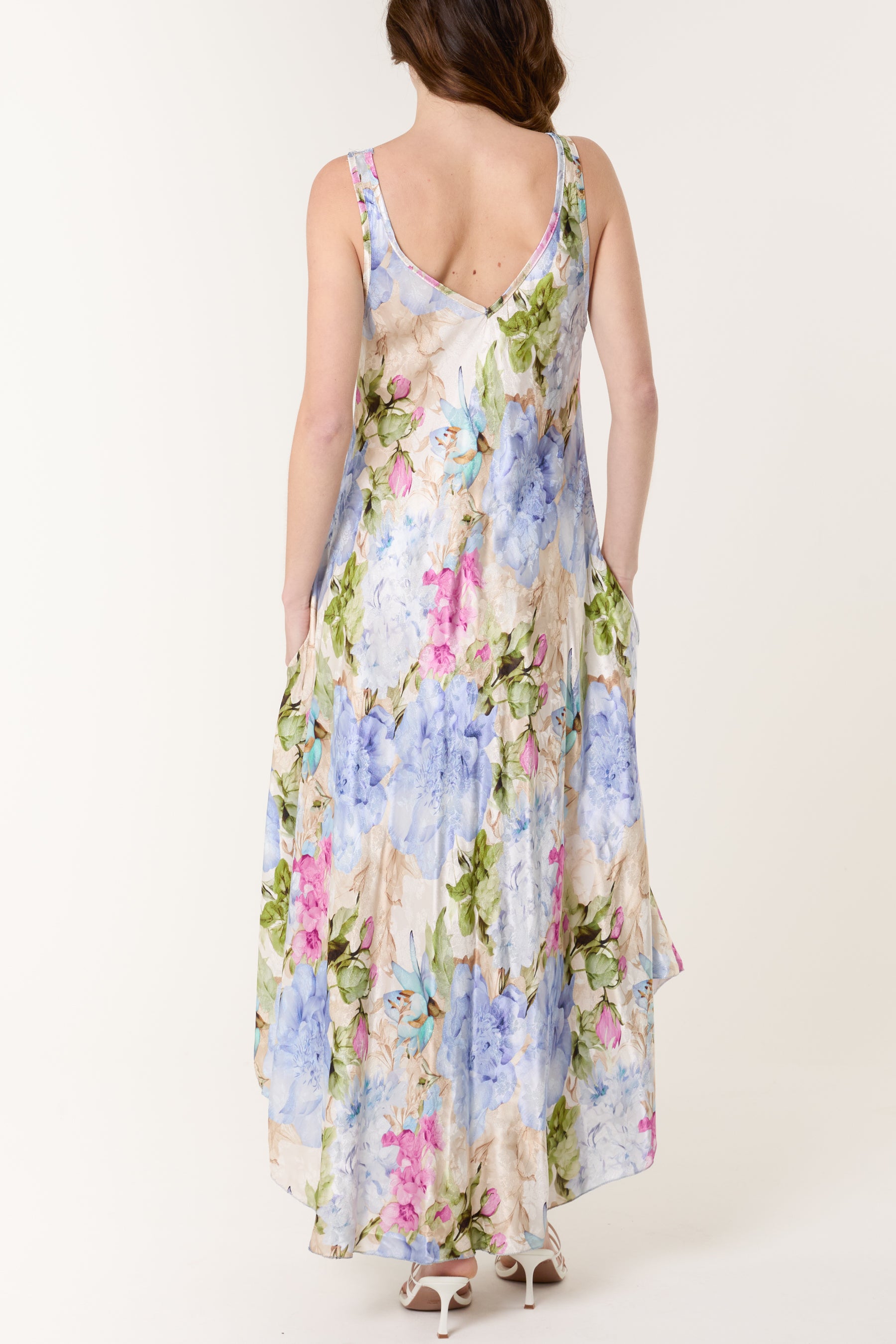 Floral Satin Double V-Neck Maxi Dress