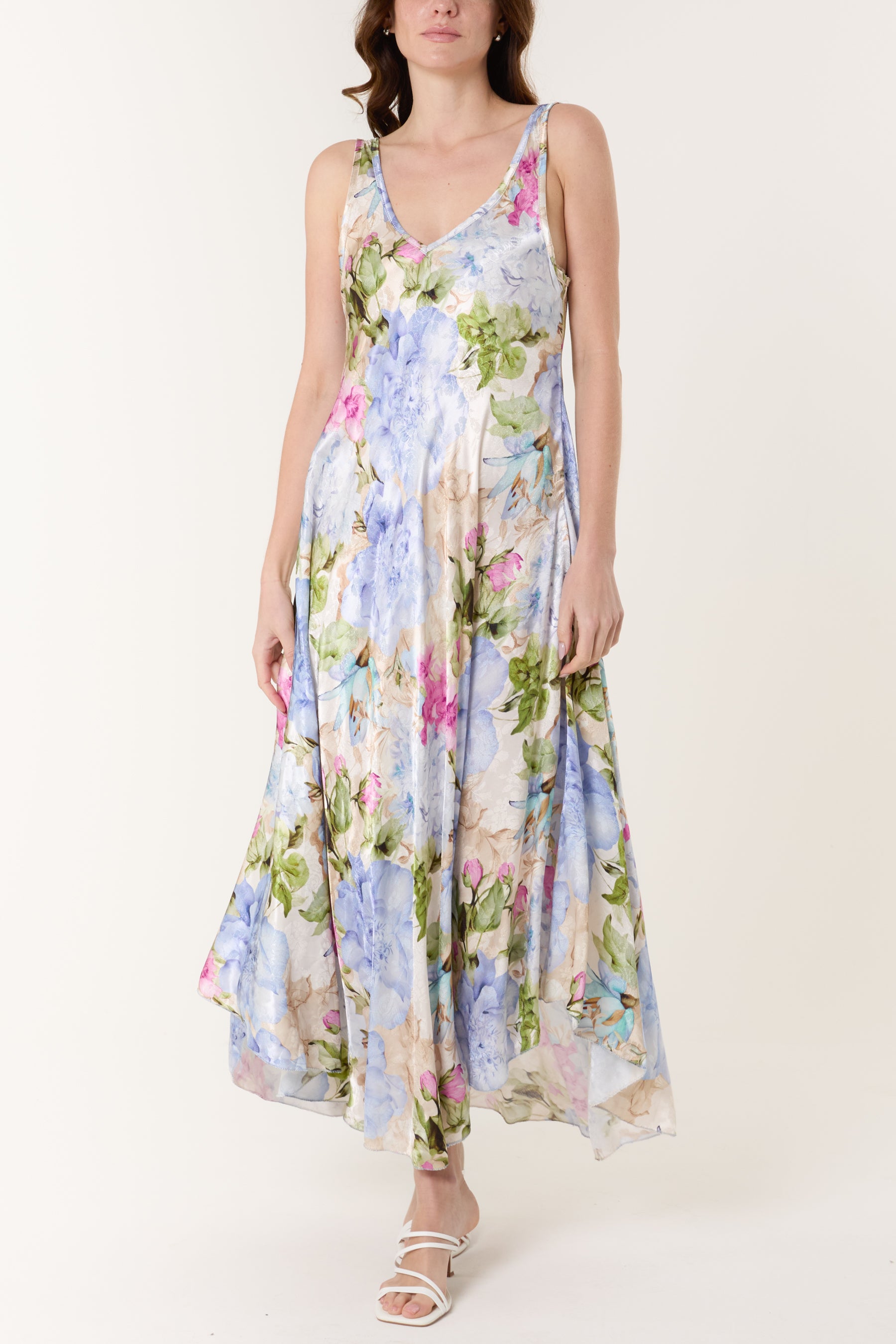 Floral Satin Double V-Neck Maxi Dress