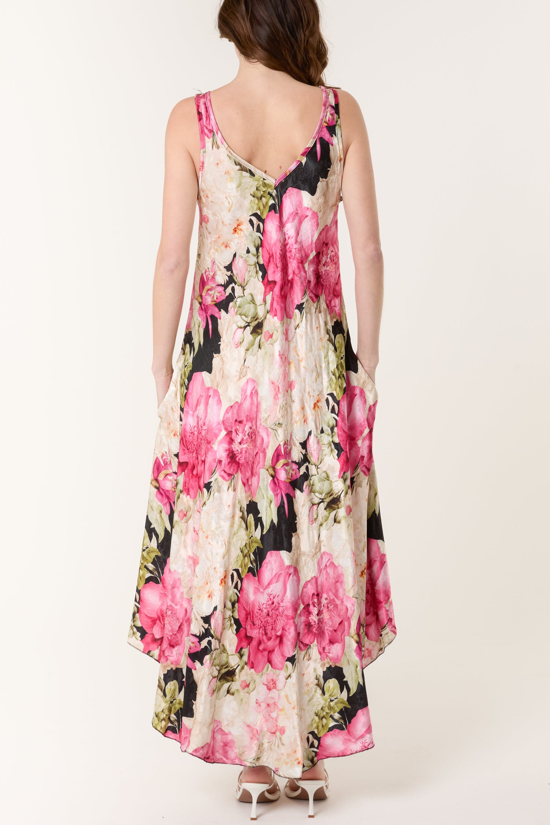 Floral Satin Double V-Neck Maxi Dress
