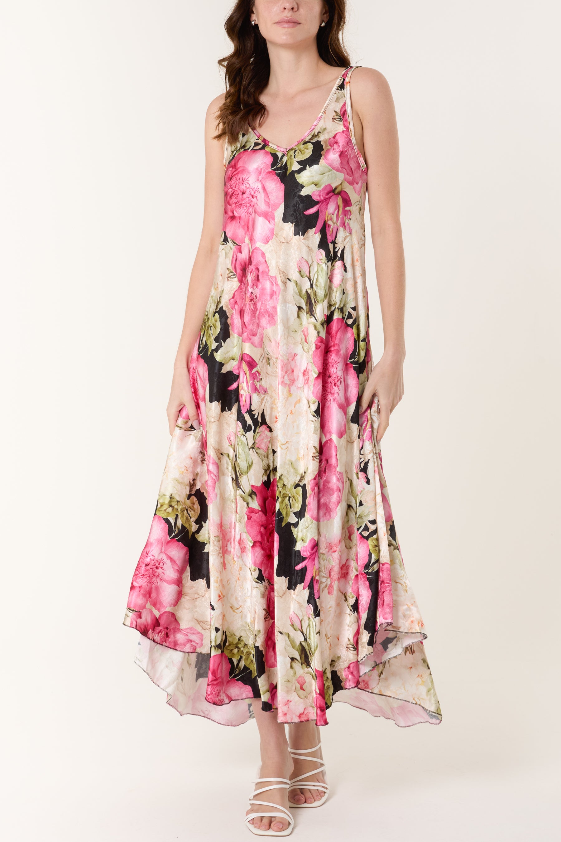 Floral Satin Double V-Neck Maxi Dress