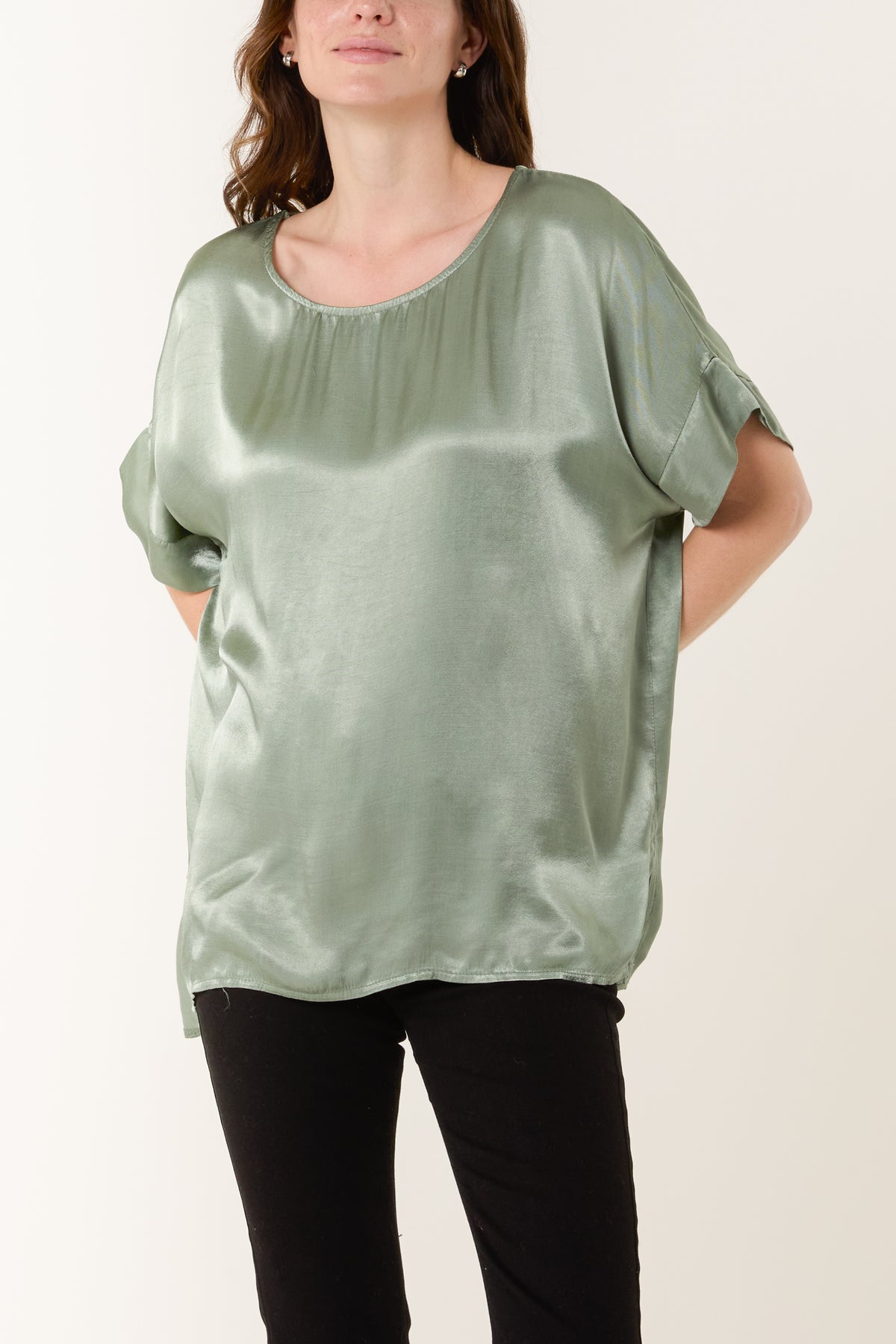 Round Neck Short Sleeve Satin Top