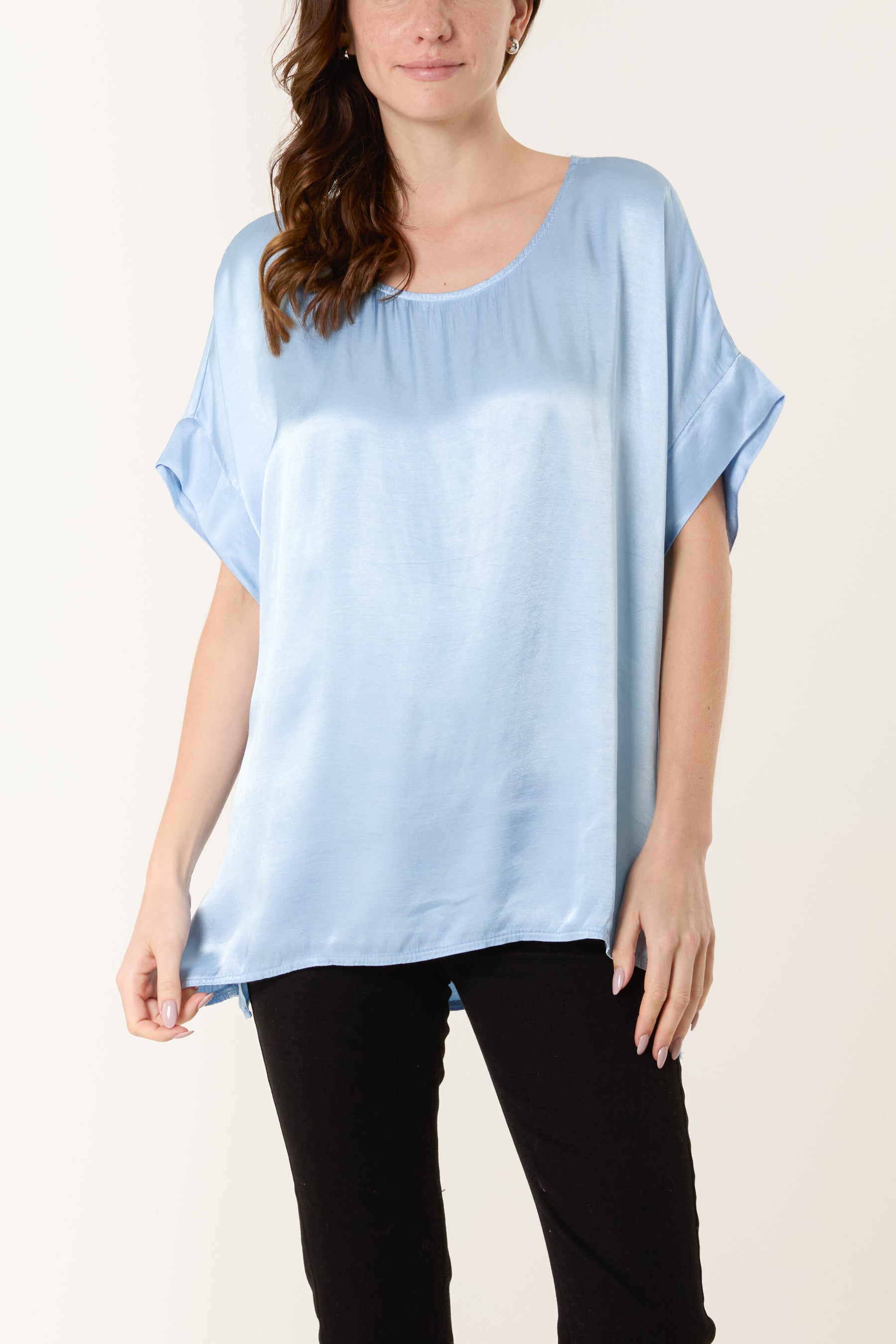 Round Neck Short Sleeve Satin Top
