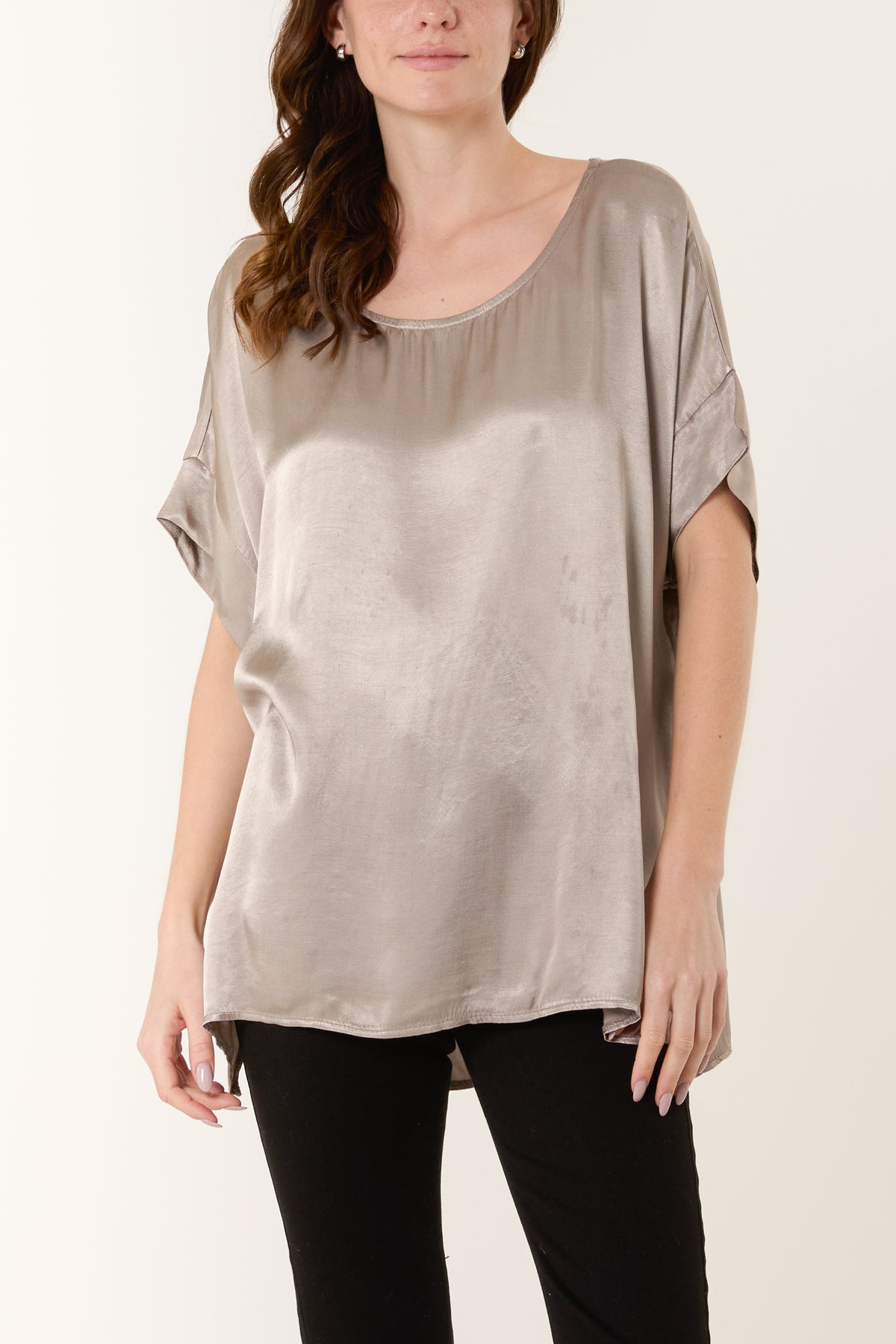 Round Neck Short Sleeve Satin Top