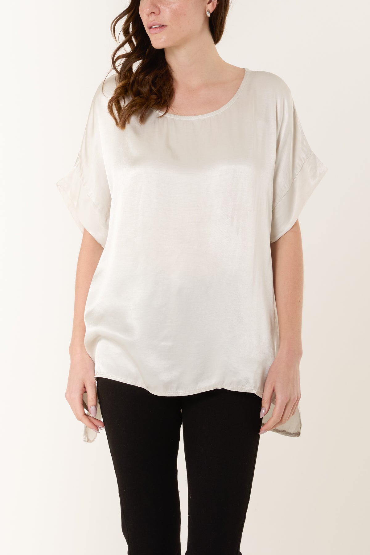 Round Neck Short Sleeve Satin Top
