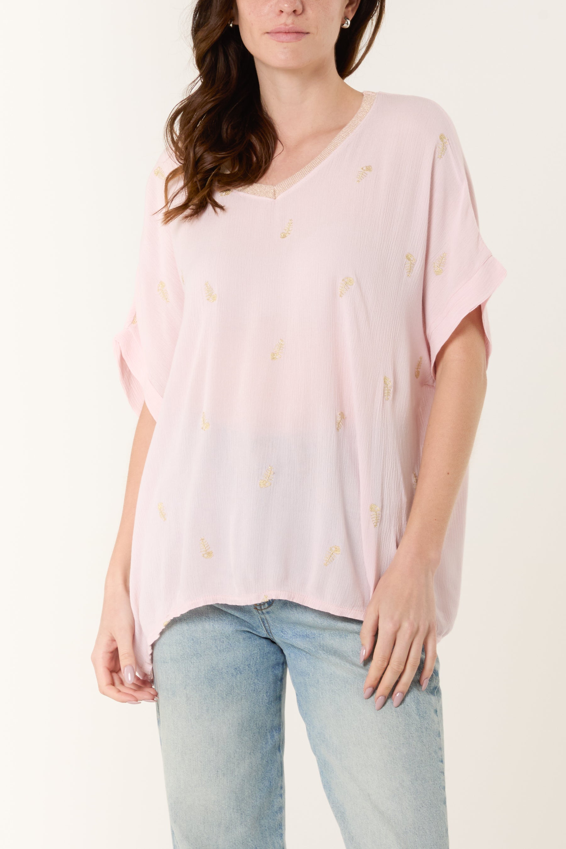 Fish Embroidery Short Sleeve Blouse