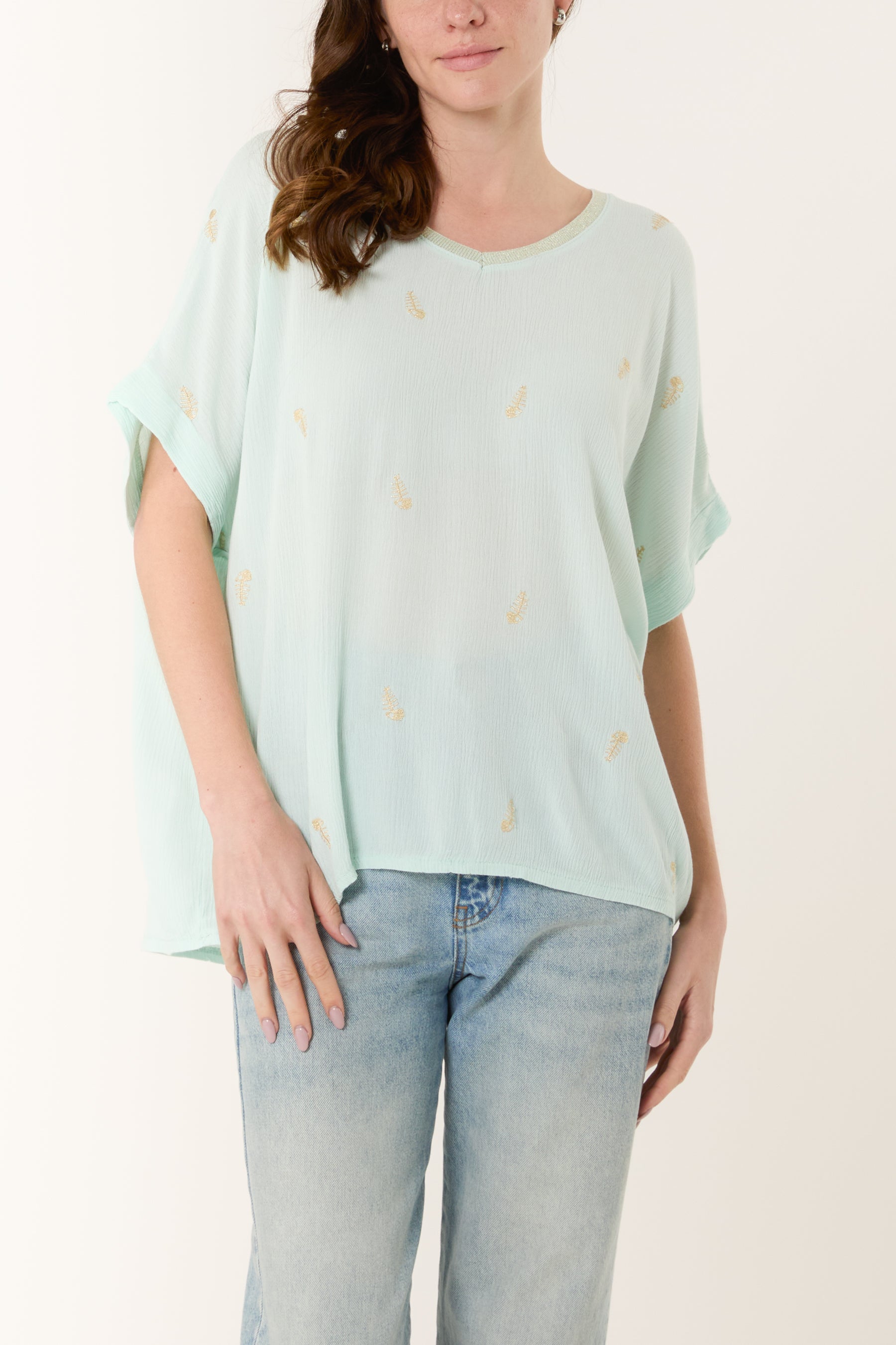 Fish Embroidery Short Sleeve Blouse