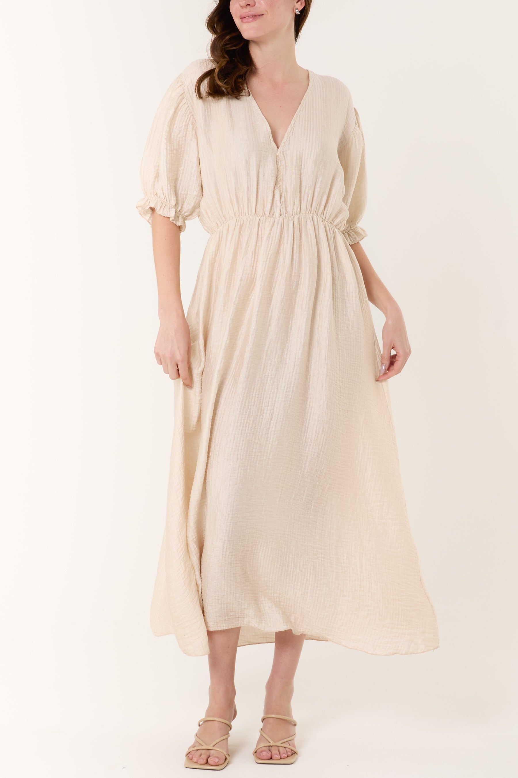 Puff Sleeve Crinkle Fabric Dress