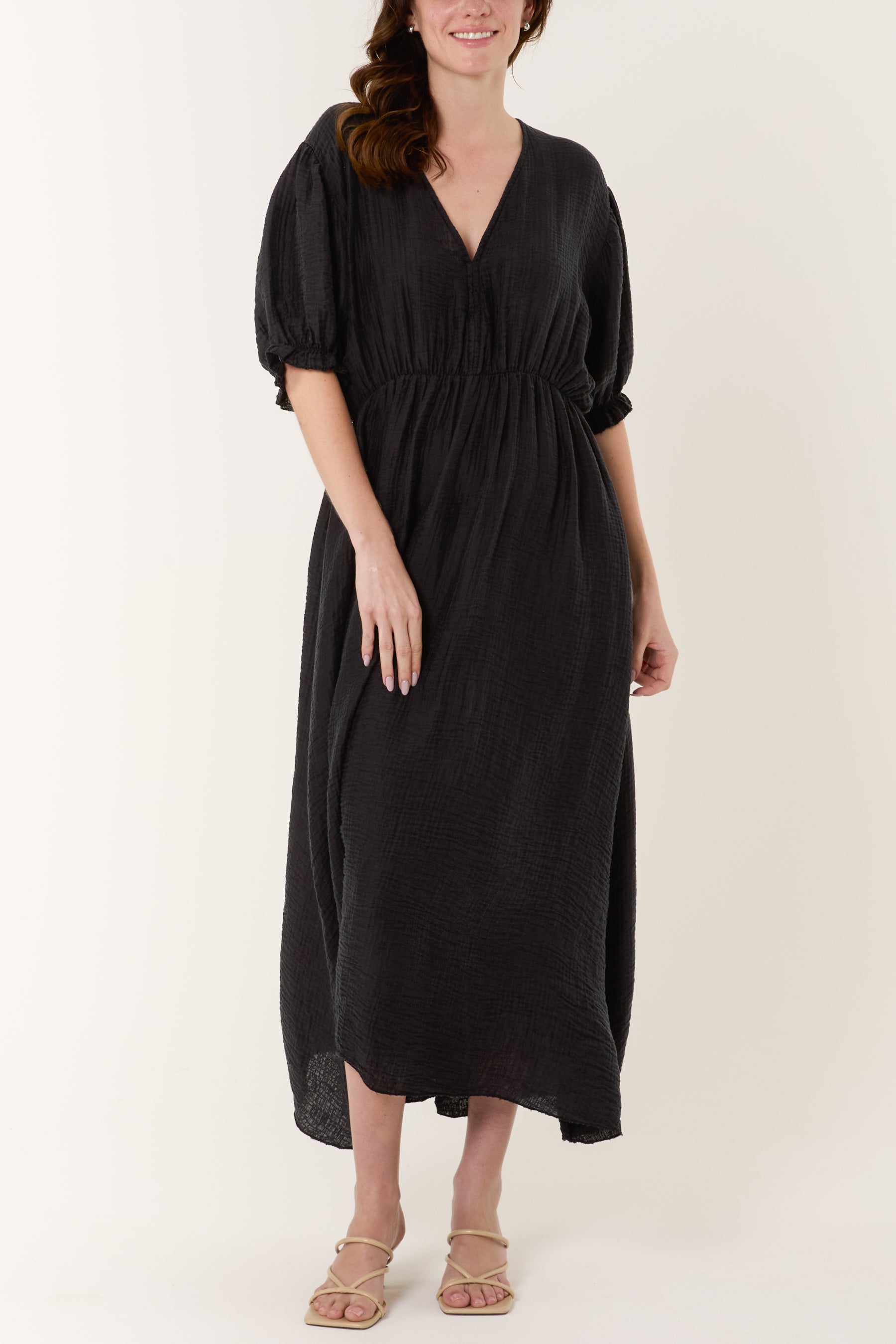 Puff Sleeve Crinkle Fabric Dress