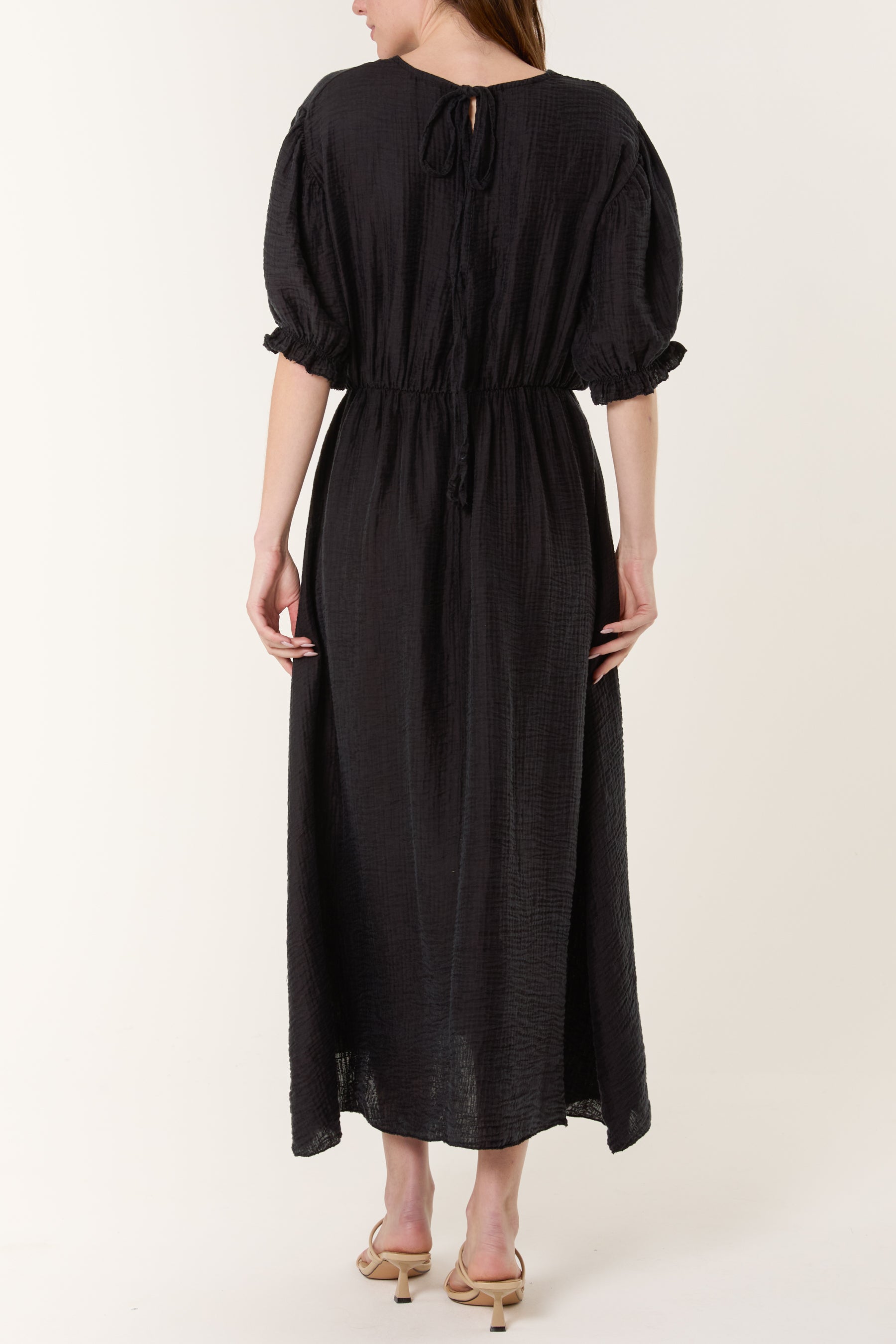 Puff Sleeve Crinkle Fabric Dress