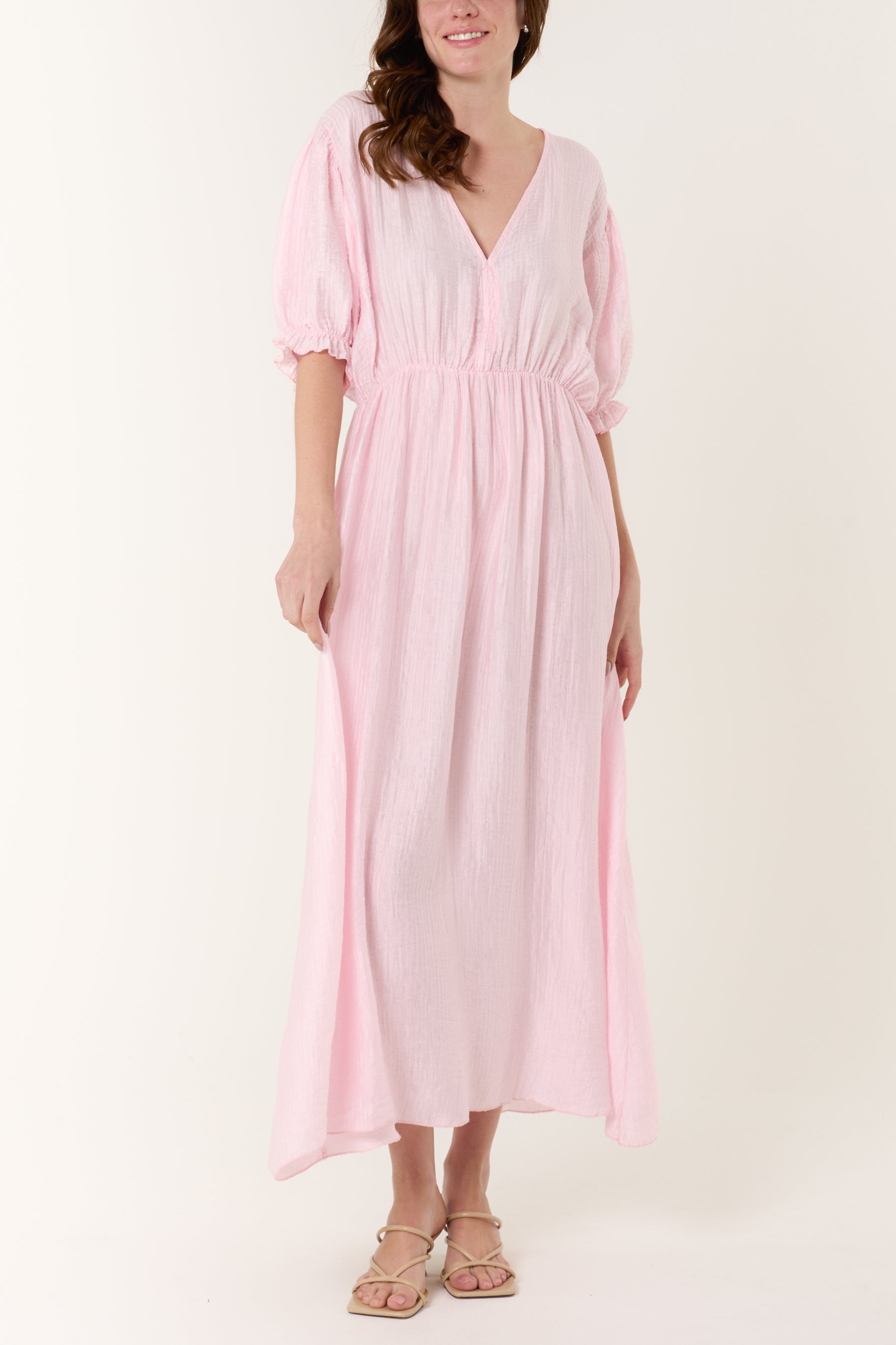 Puff Sleeve Crinkle Fabric Dress