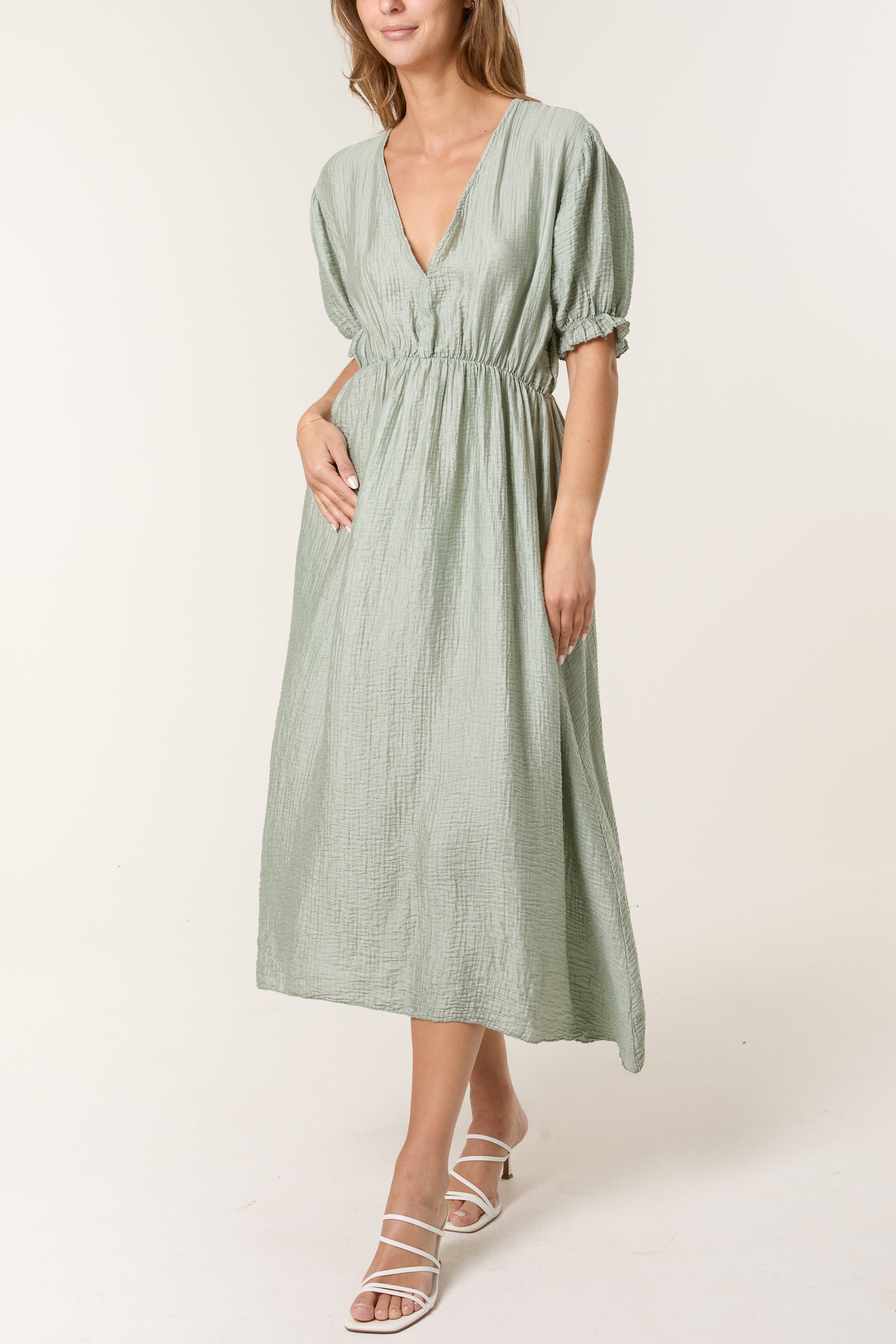 Puff Sleeve Crinkle Fabric Dress