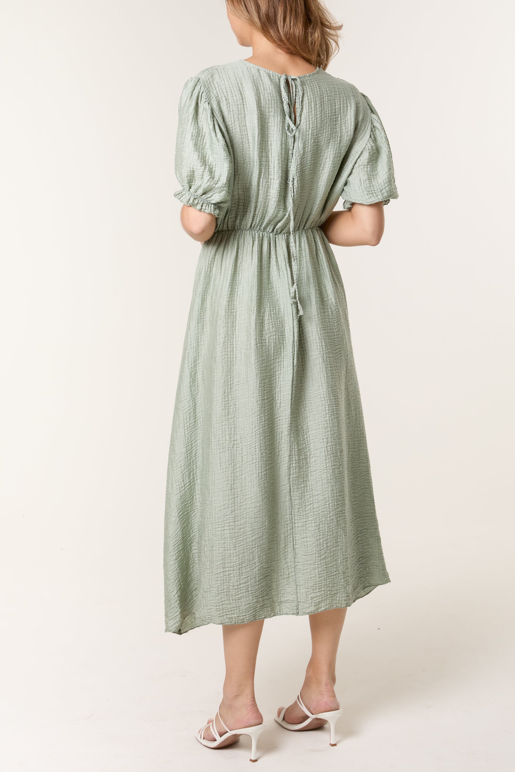 Puff Sleeve Crinkle Fabric Dress