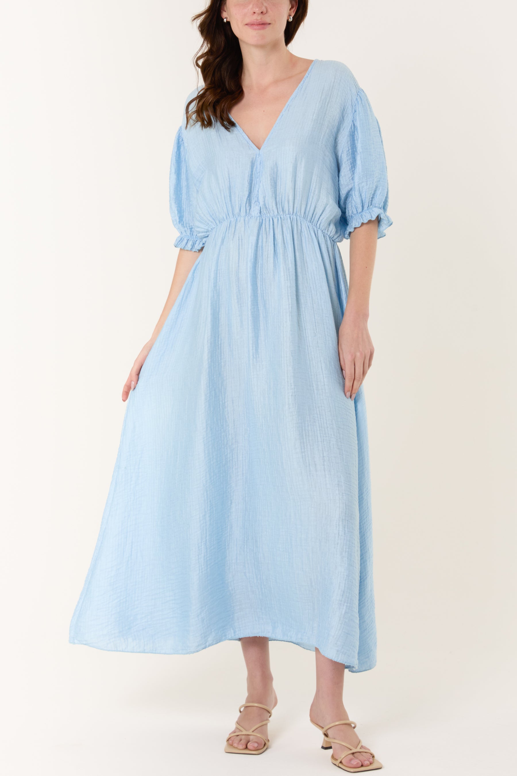 Puff Sleeve Crinkle Fabric Dress