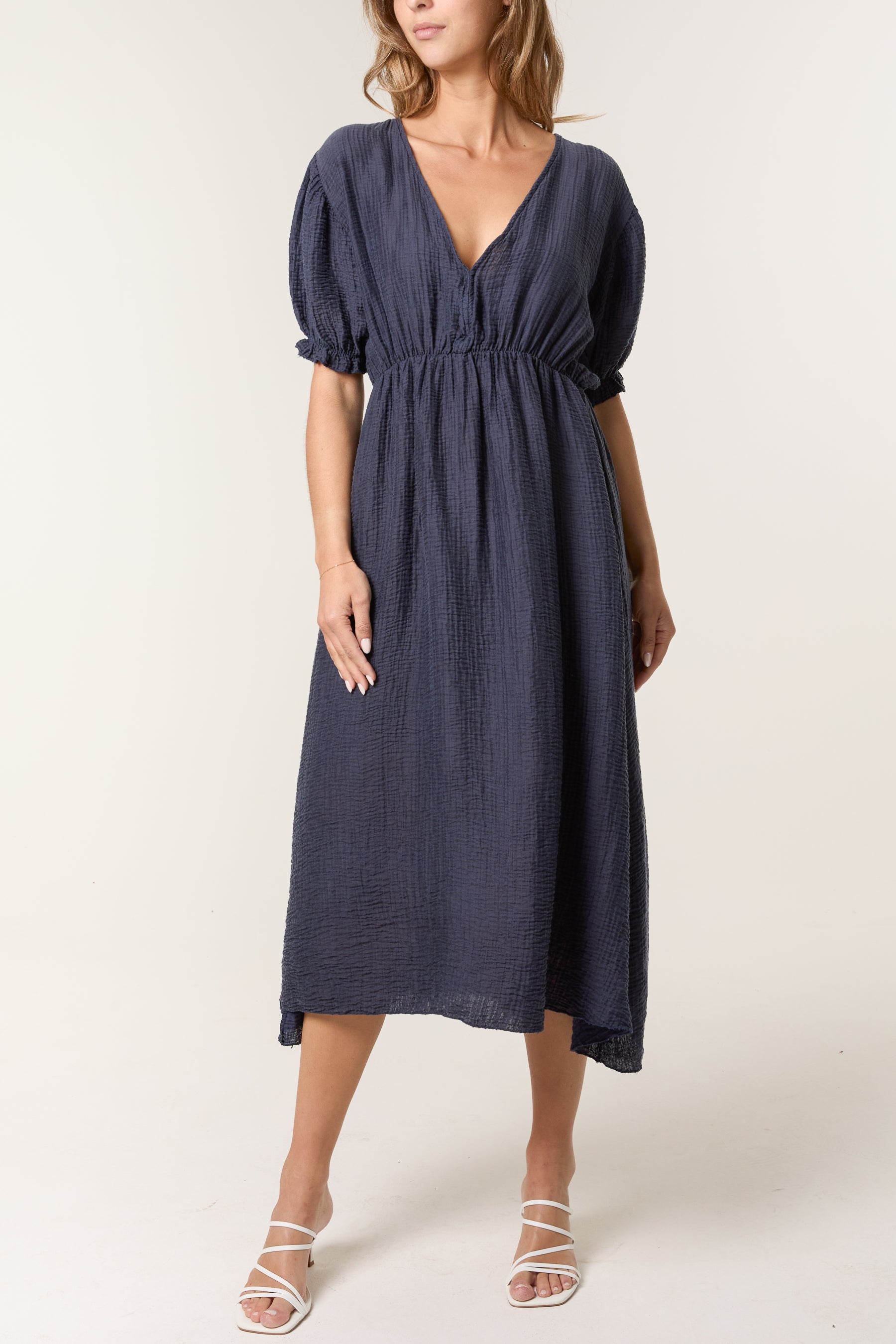 Puff Sleeve Crinkle Fabric Dress