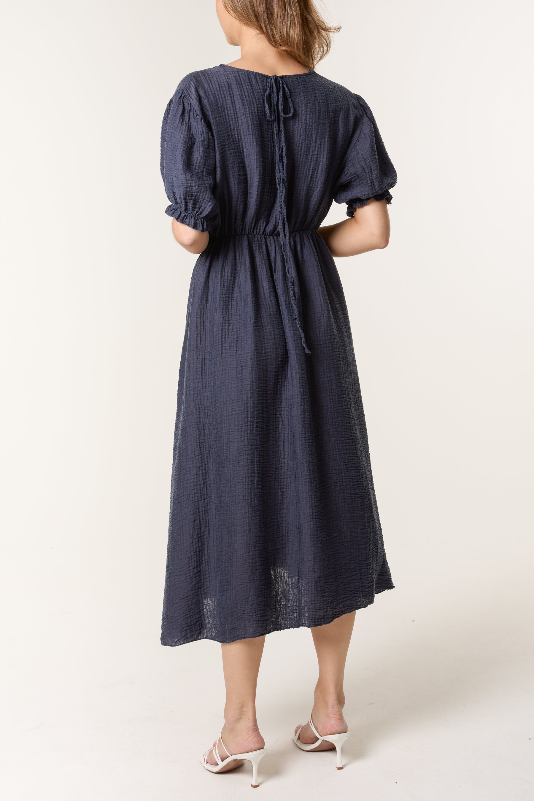 Puff Sleeve Crinkle Fabric Dress
