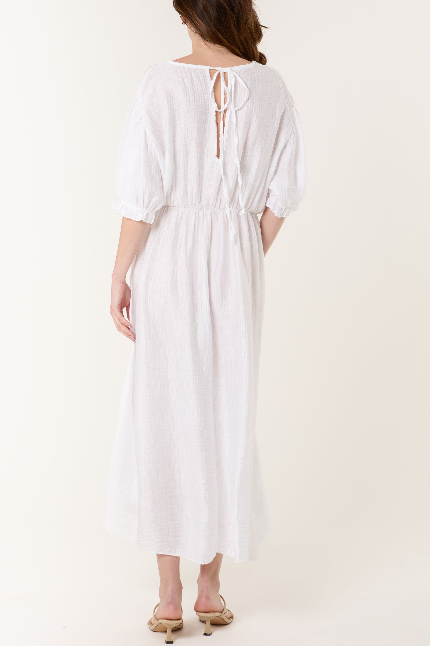 Puff Sleeve Crinkle Fabric Dress