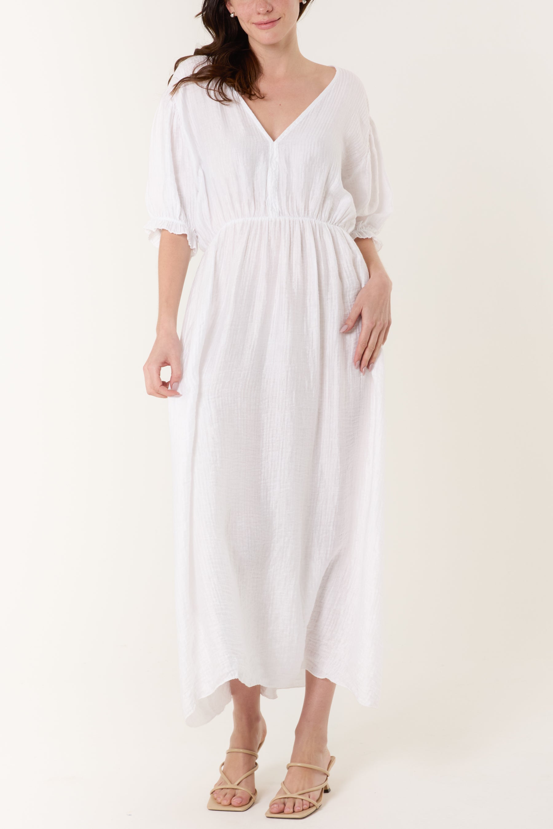 Puff Sleeve Crinkle Fabric Dress