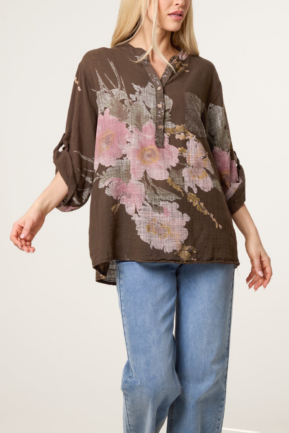 Floral Sequin Pocket Cotton Blouse