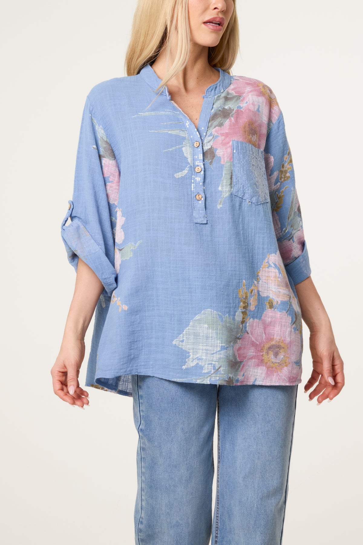 Floral Sequin Pocket Cotton Blouse