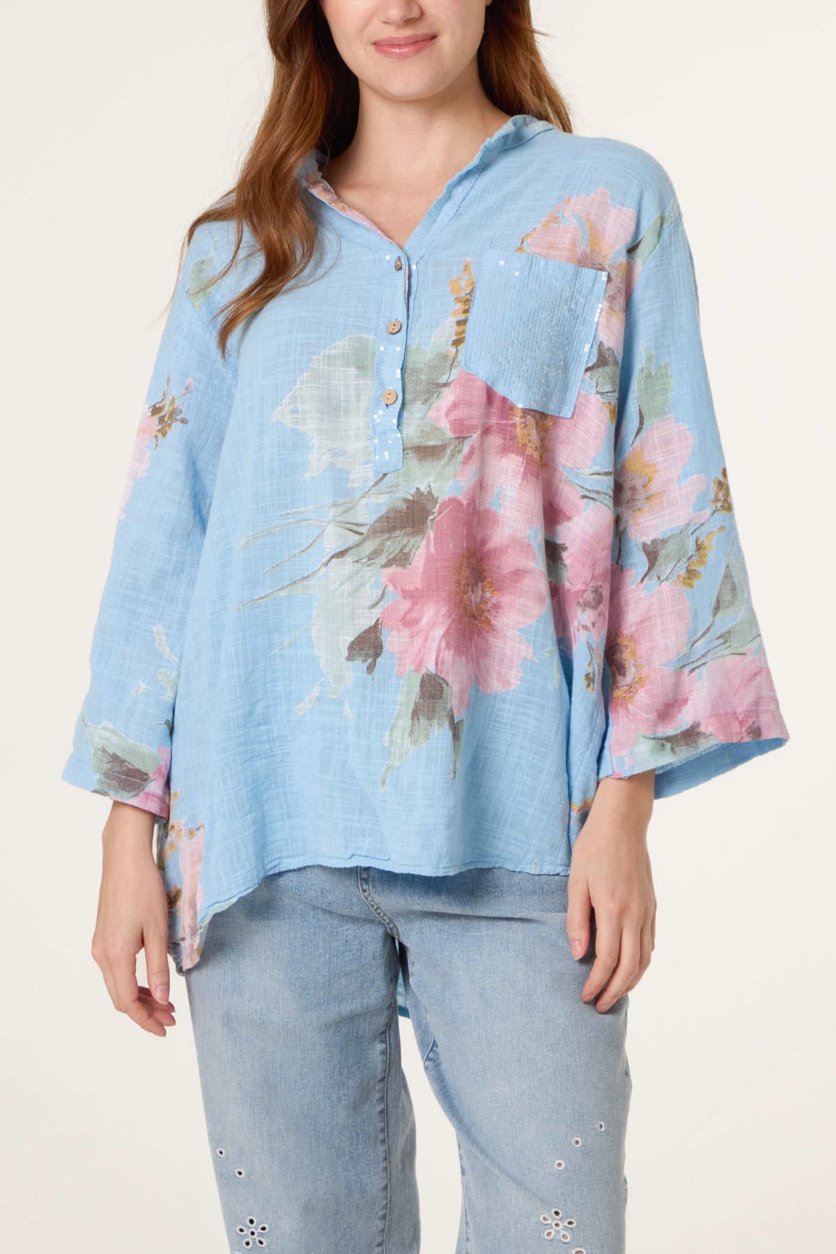 Floral Sequin Pocket Cotton Blouse