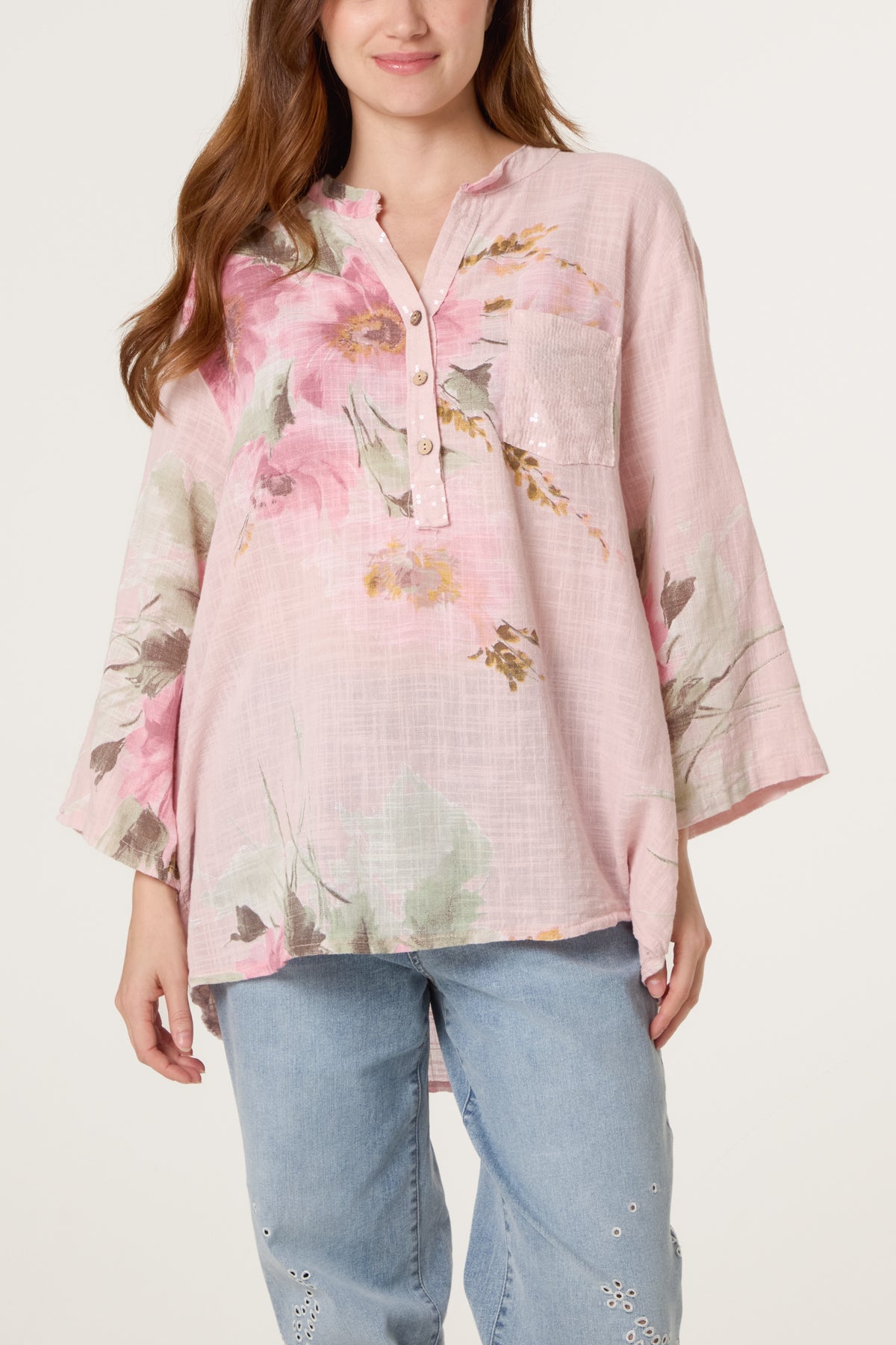 Floral Sequin Pocket Cotton Blouse