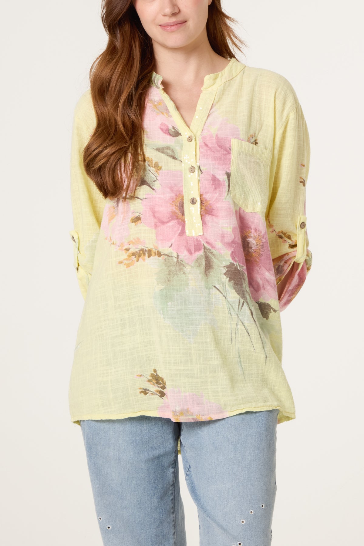 Floral Sequin Pocket Cotton Blouse