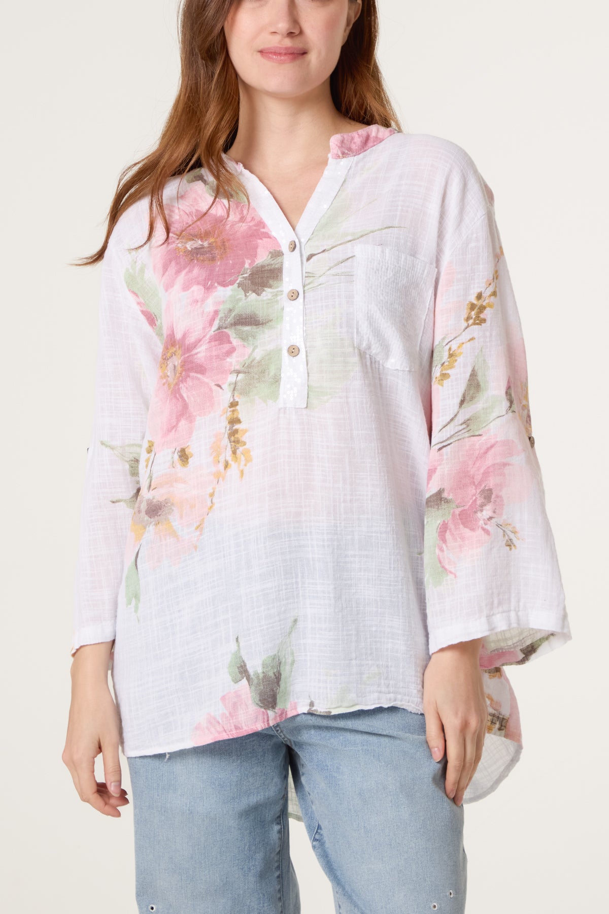 Floral Sequin Pocket Cotton Blouse