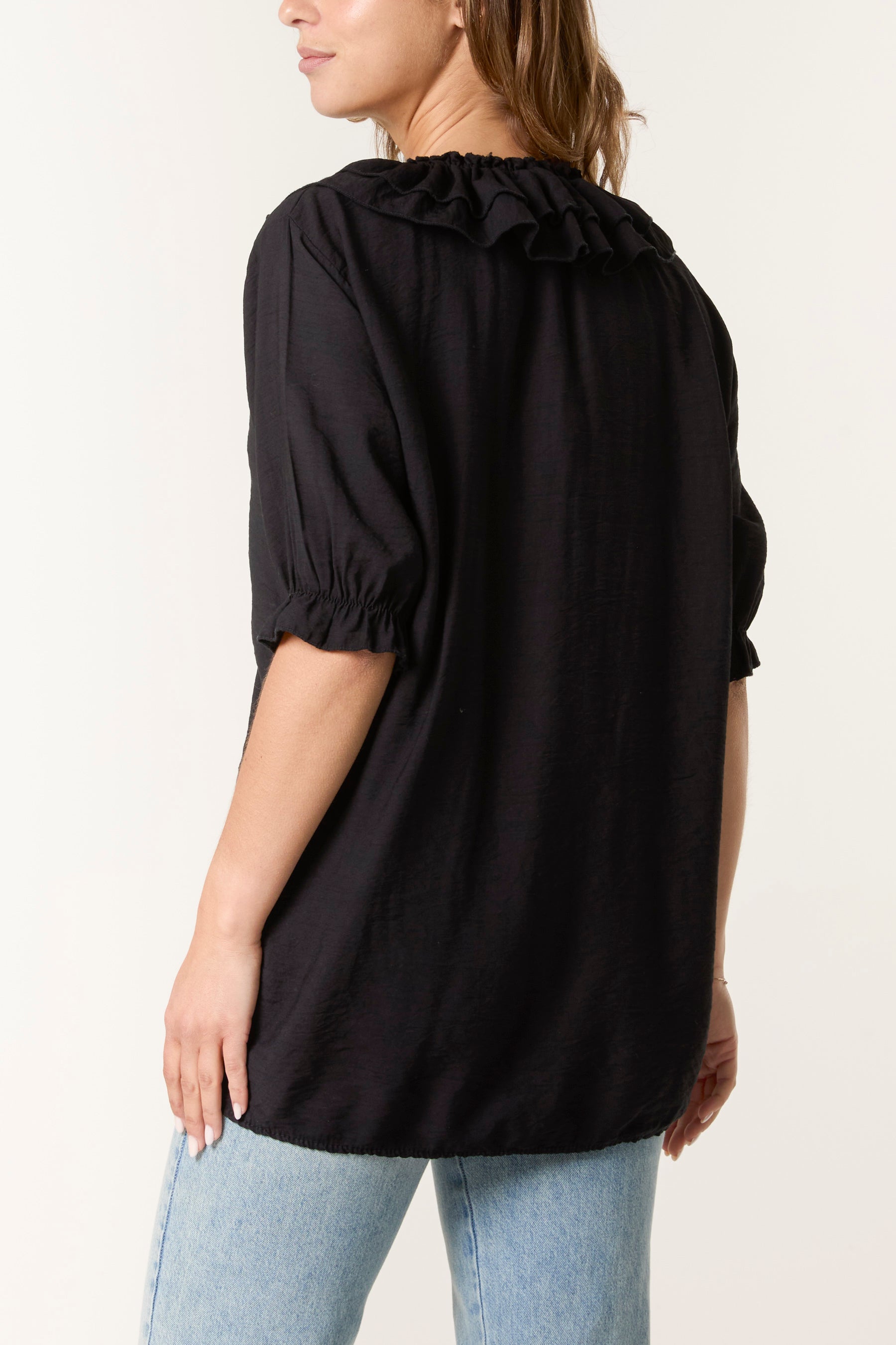 Ruffle Neck Puff Sleeve Blouse