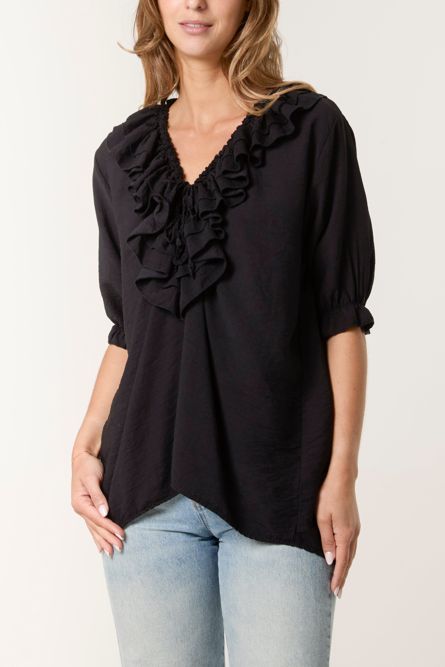 Ruffle Neck Puff Sleeve Blouse