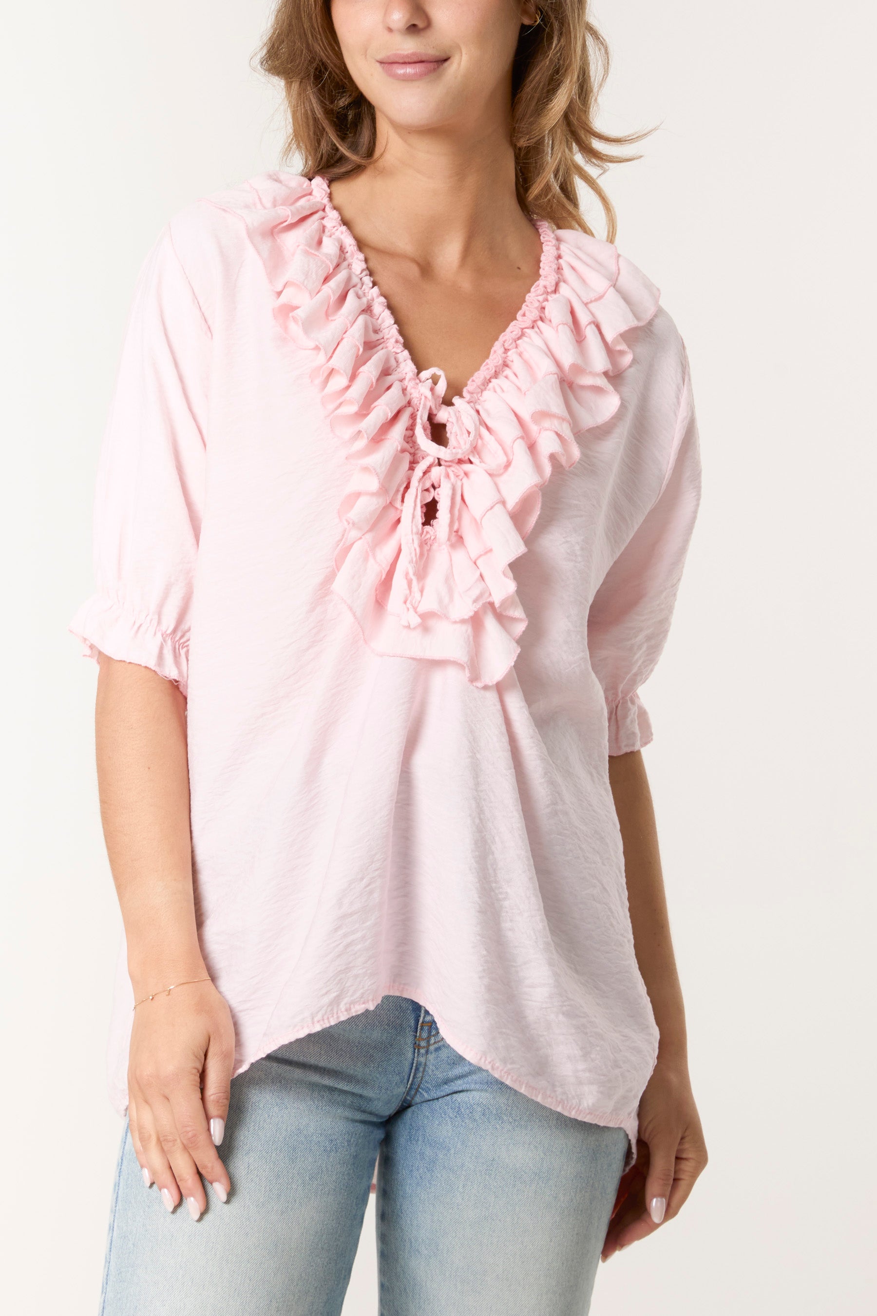 Ruffle Neck Puff Sleeve Blouse
