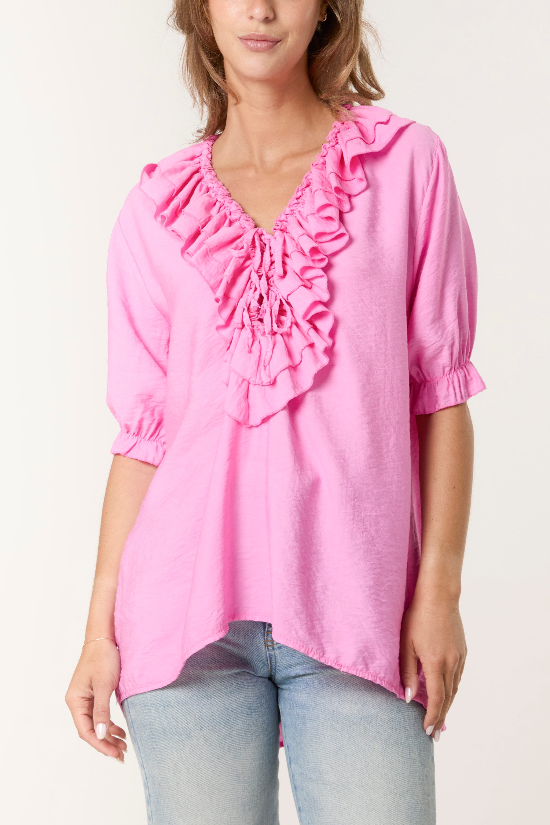 Ruffle Neck Puff Sleeve Blouse