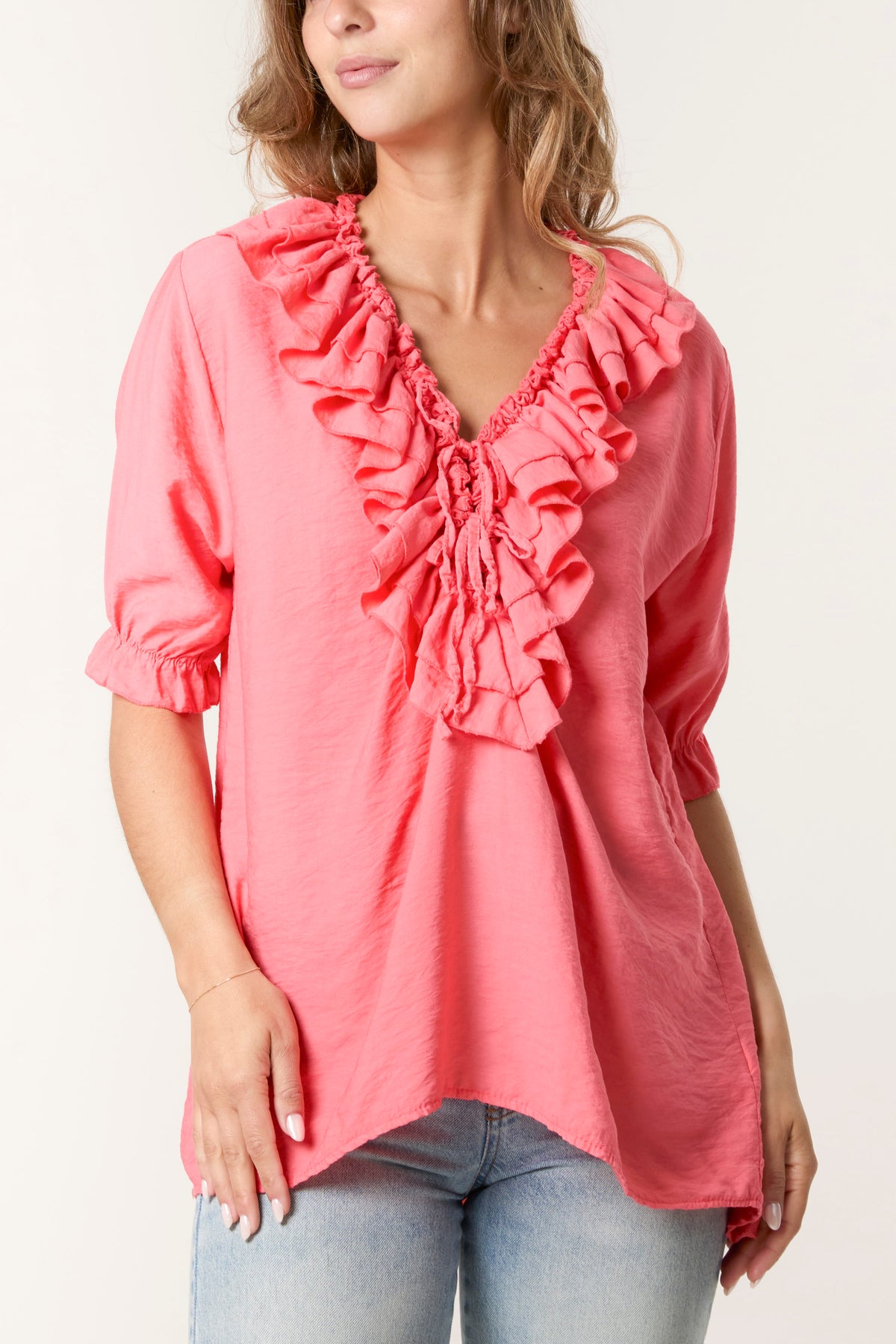 Ruffle Neck Short Sleeve Blouse