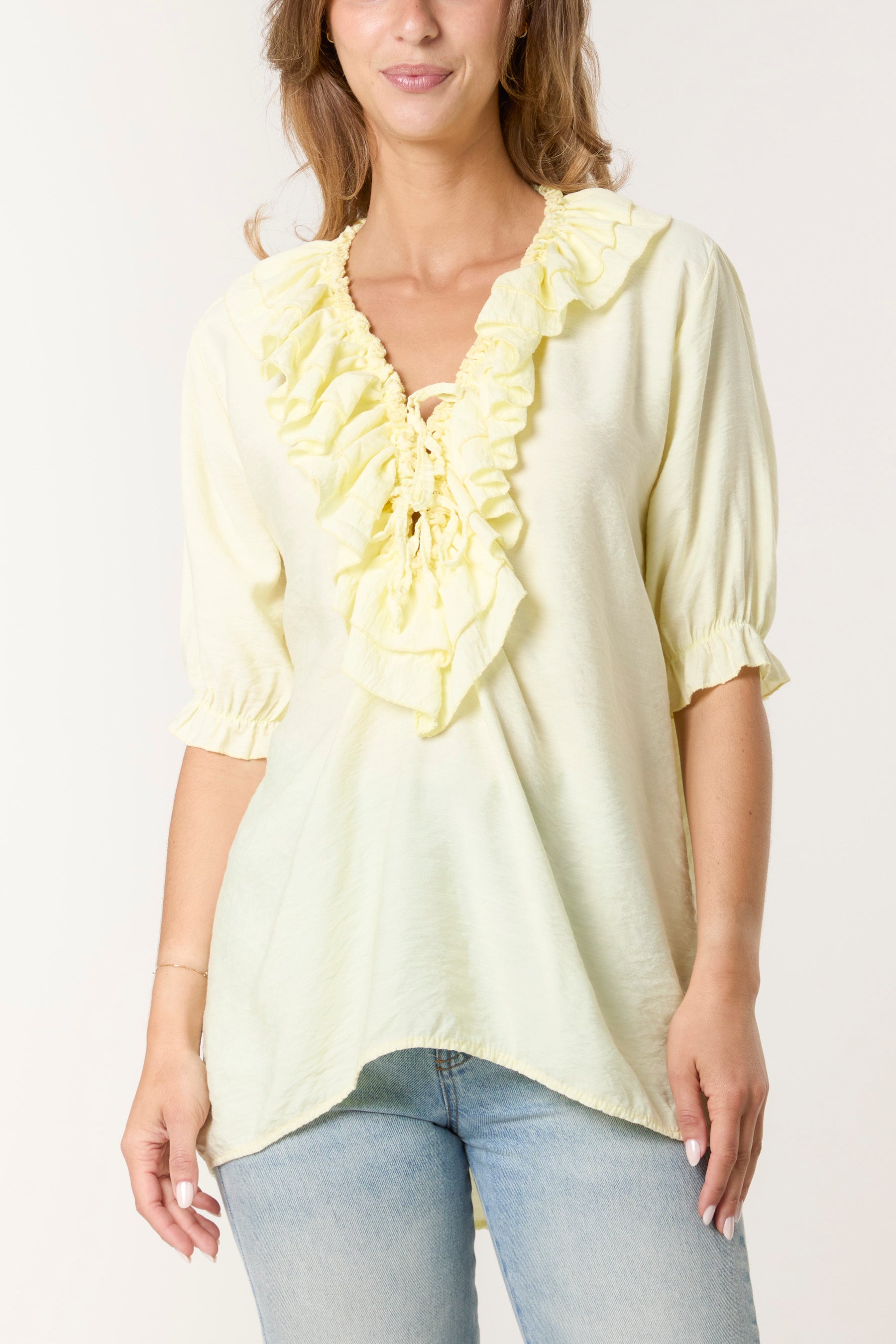 Ruffle Neck Puff Sleeve Blouse